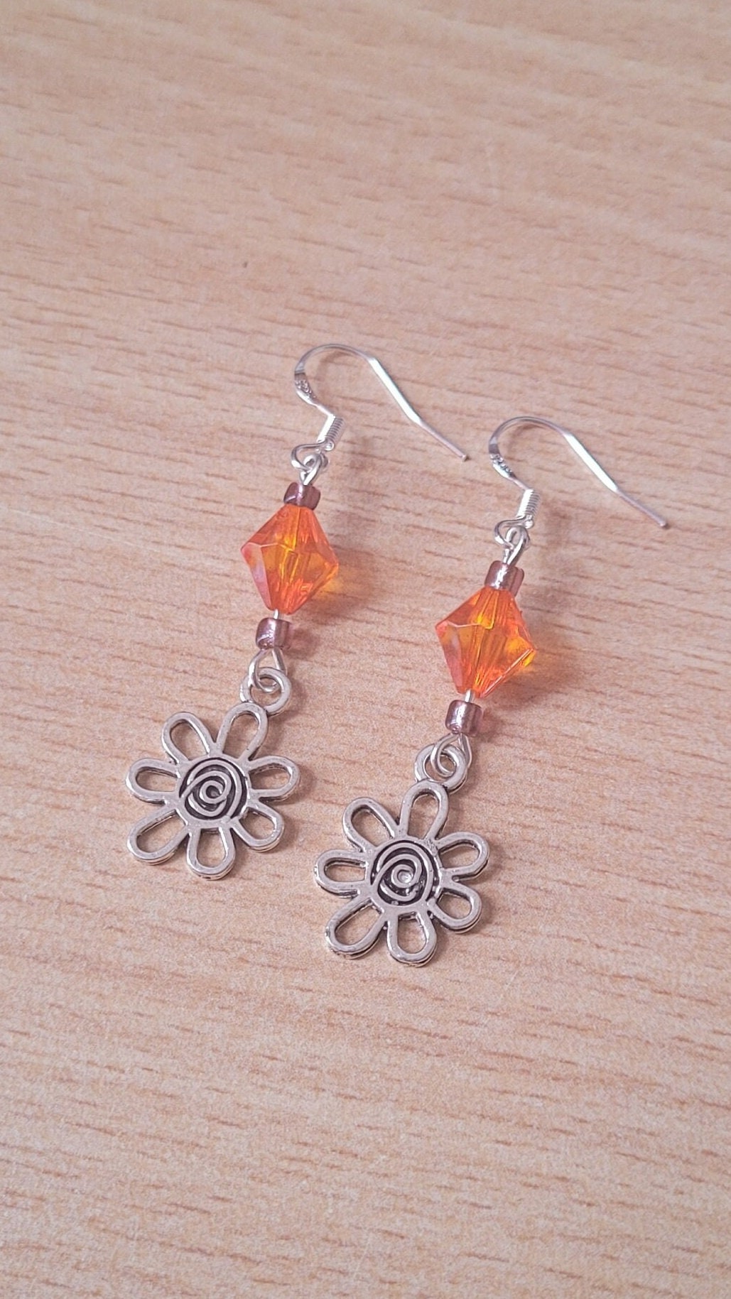 Sterling Silver Flower Drop Earrings: Orange Beaded Charm Earrings