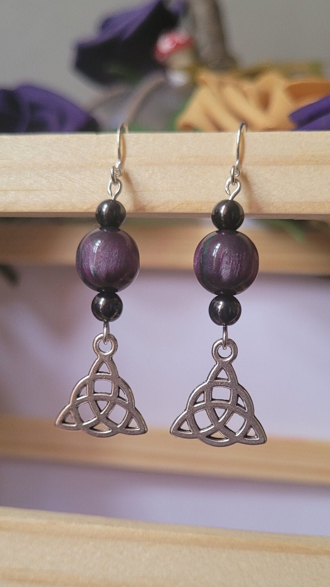 Triquetra charm beaded drop earrings. Gothic, pagan, celtic, S925 ear wires