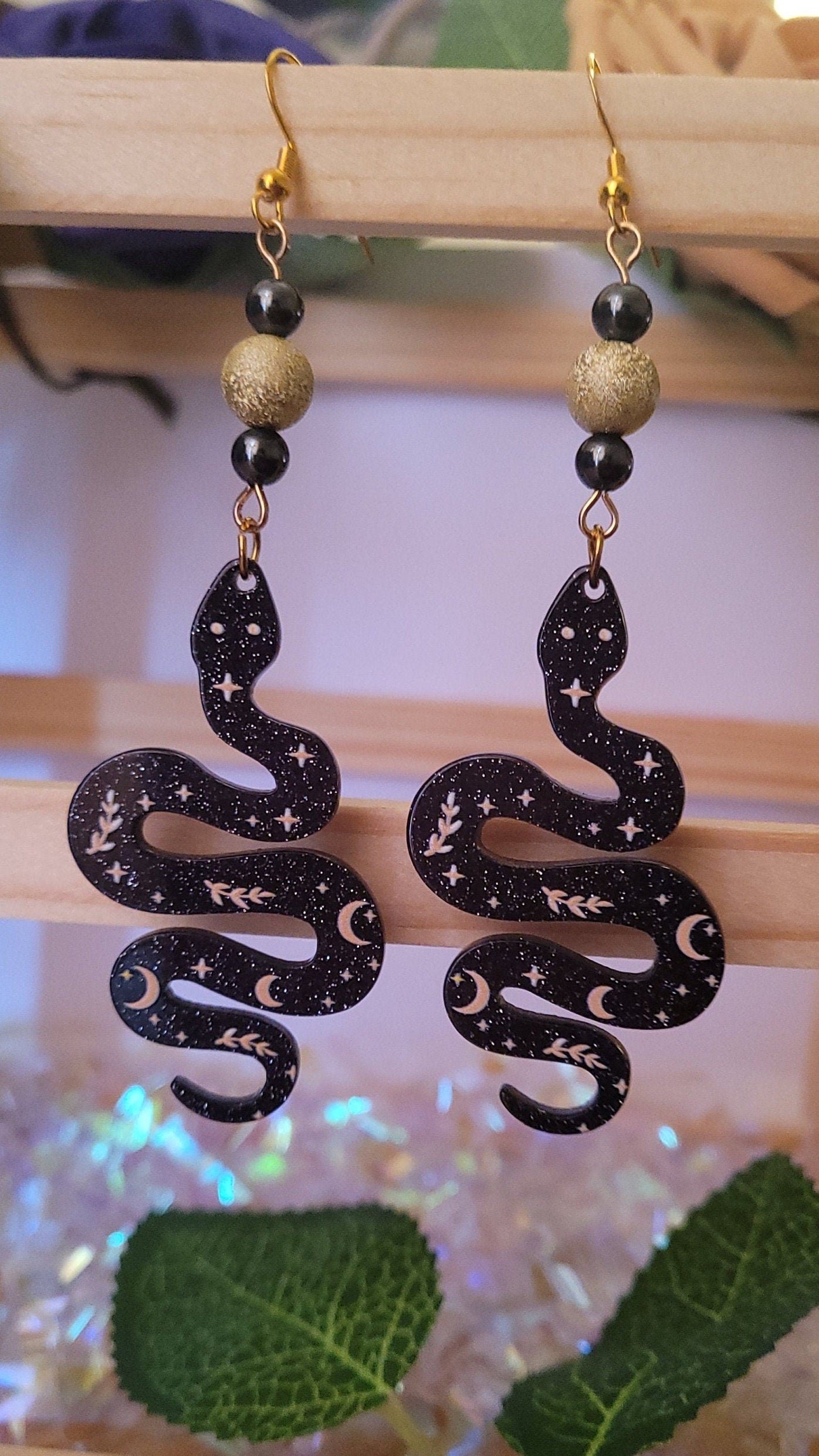 Snake beaded drop/dangle earrings with gold plated S925 ear wires.