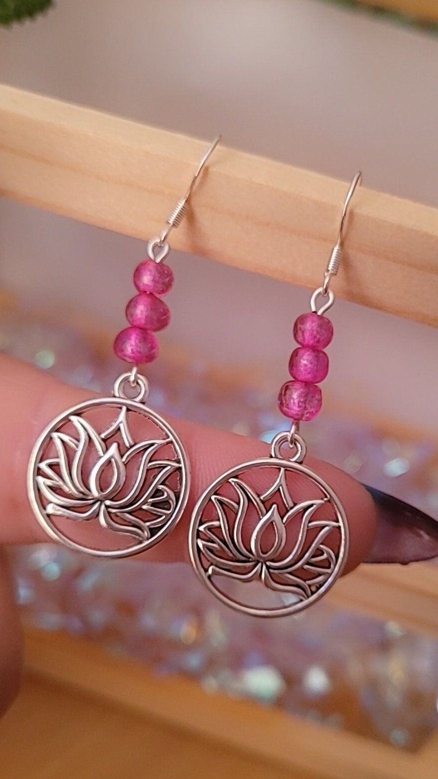 Lotus flower charm dangle/drop earrings. Beaded, elegant, pretty, nature, floral, S925 ear wires
