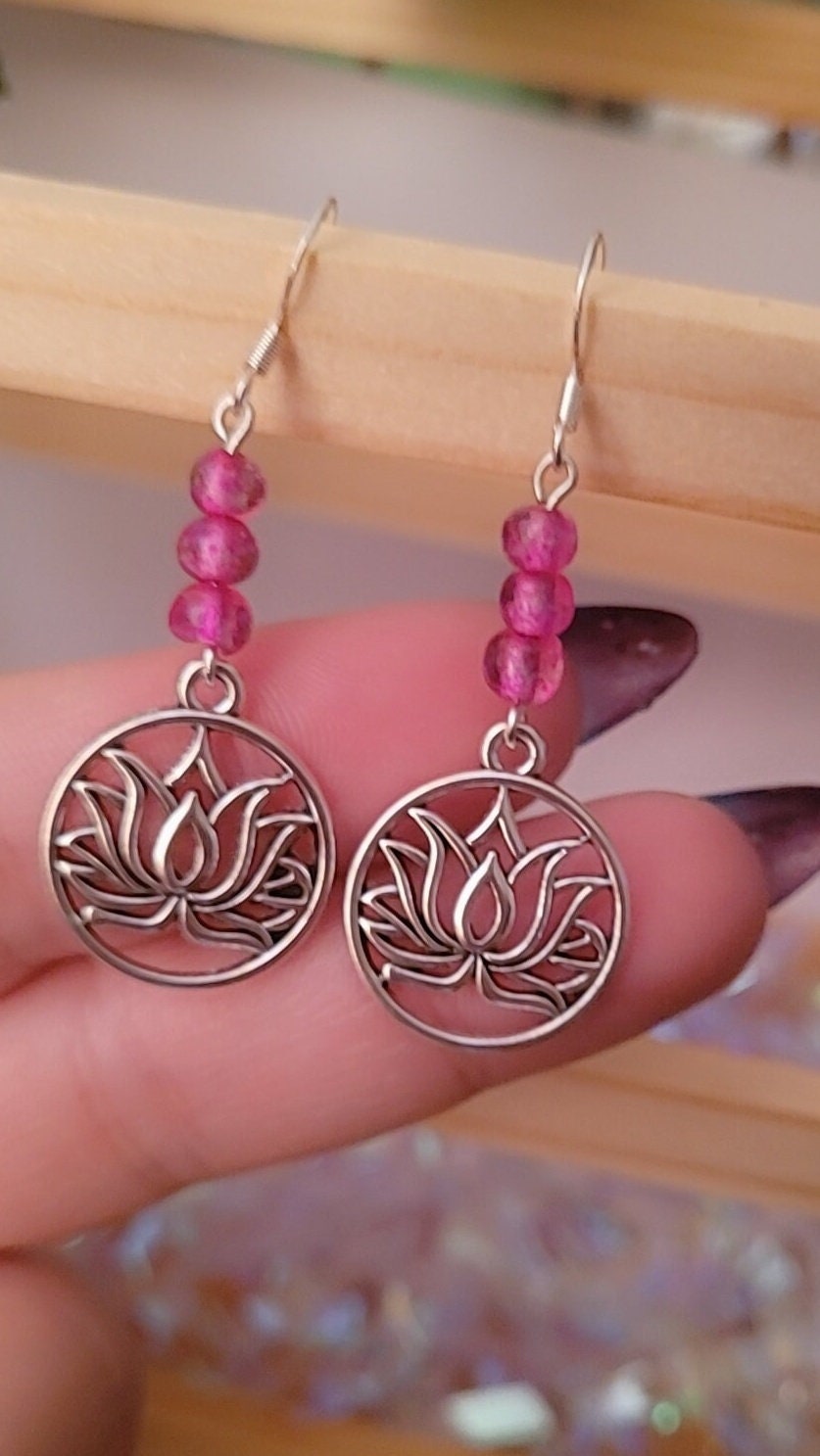 Lotus flower charm dangle/drop earrings. Beaded, elegant, pretty, nature, floral, S925 ear wires