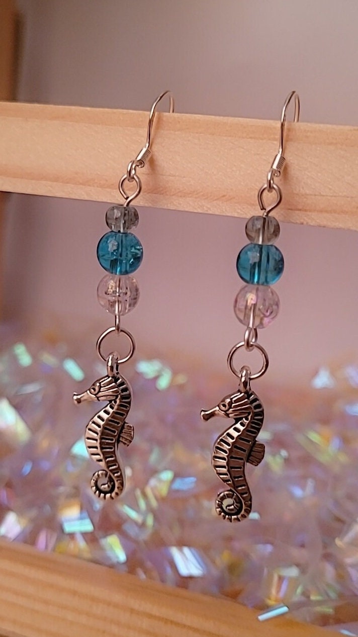 Seahorse Dangle Earrings, Sterling Silver Ear Wires, Ocean Charm