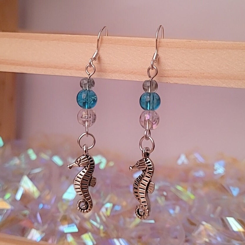 Seahorse Dangle Earrings, Sterling Silver Ear Wires, Ocean Charm