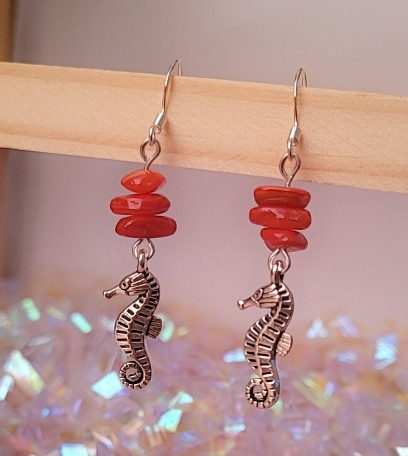 Seahorse Dangle Earrings, Sterling Silver Ear Wires, Ocean Charm