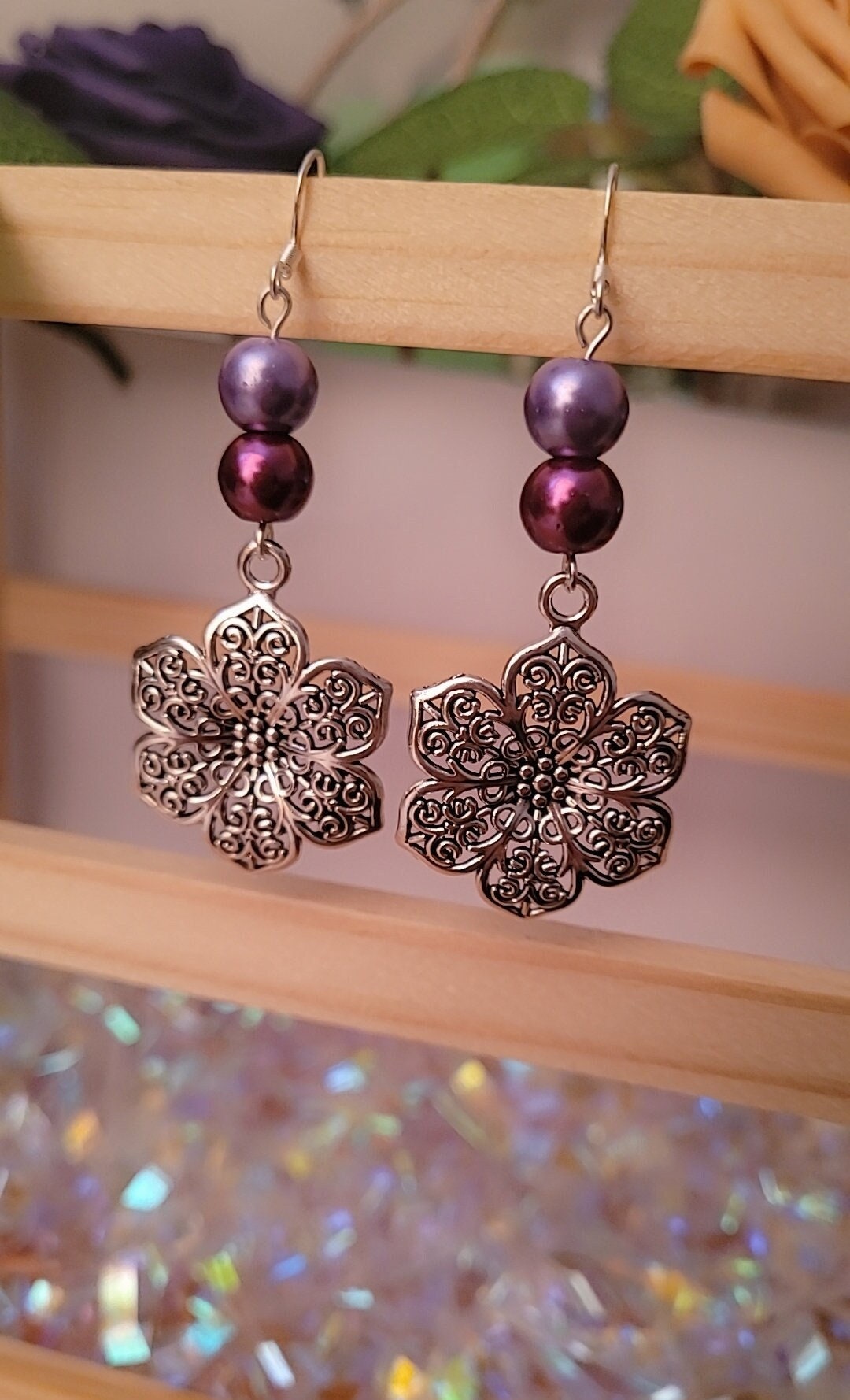 Vintage boho hollow flower beaded drop earrings. Sterling silver ear wires