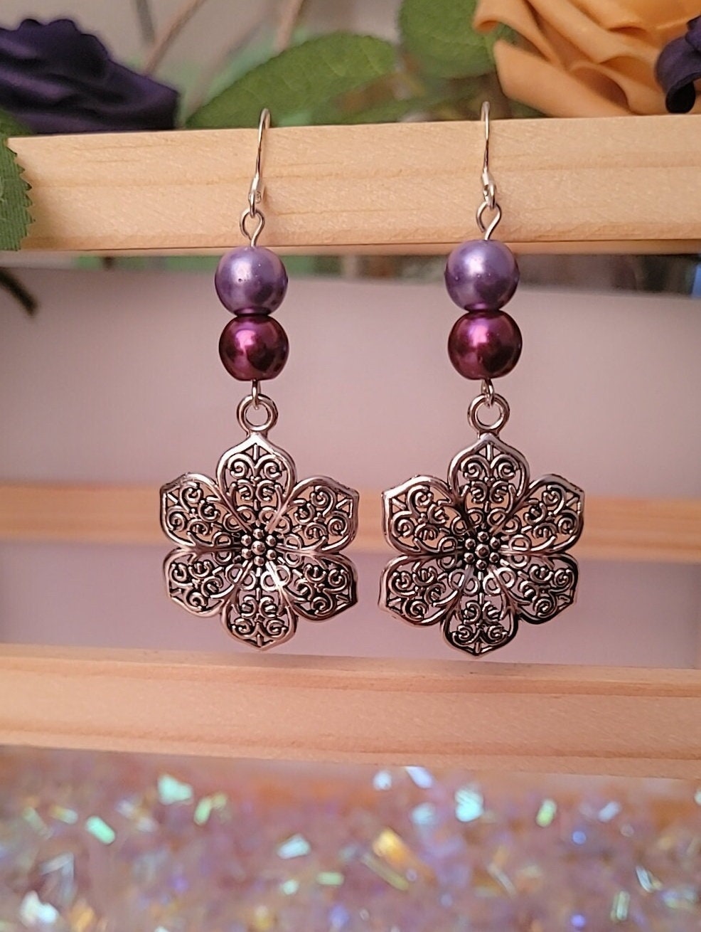 Vintage boho hollow flower beaded drop earrings. Sterling silver ear wires