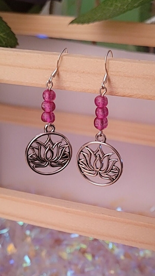 Lotus flower charm dangle/drop earrings. Beaded, elegant, pretty, nature, floral, S925 ear wires