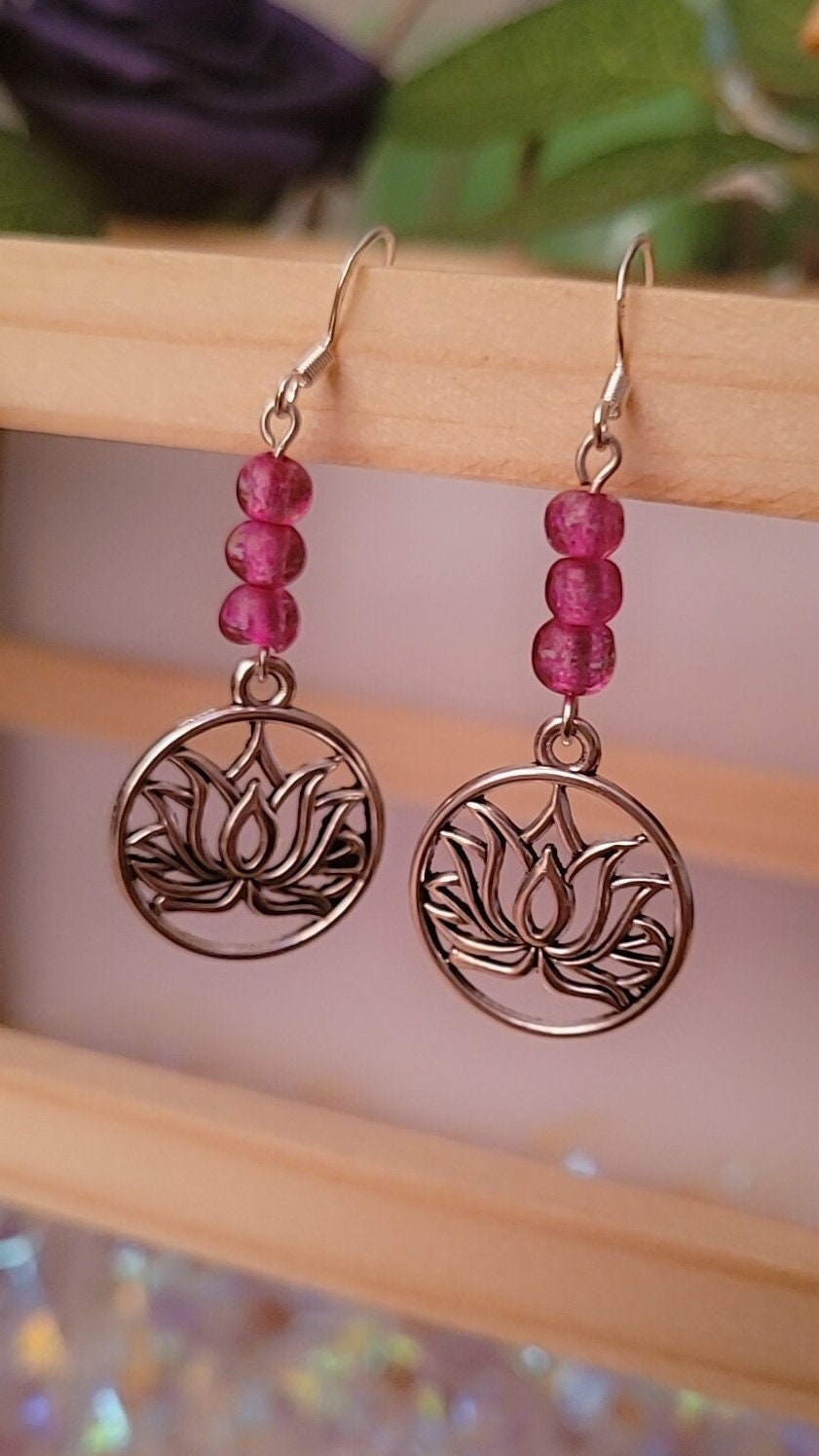 Lotus flower charm dangle/drop earrings. Beaded, elegant, pretty, nature, floral, S925 ear wires