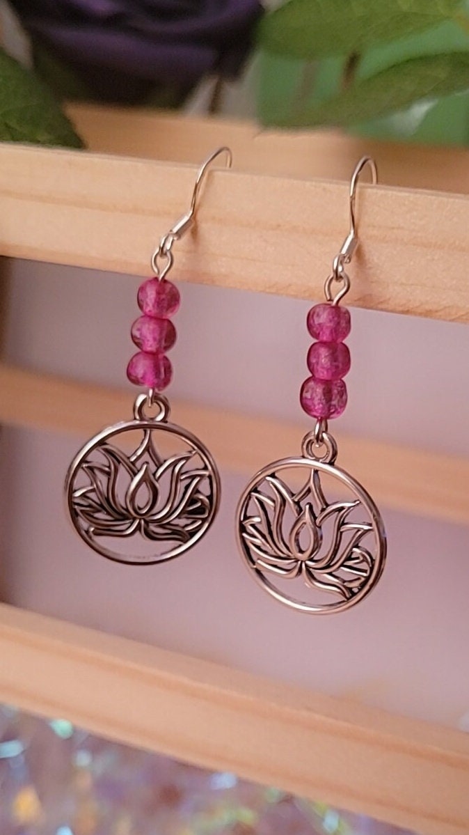 Lotus flower charm dangle/drop earrings. Beaded, elegant, pretty, nature, floral, S925 ear wires