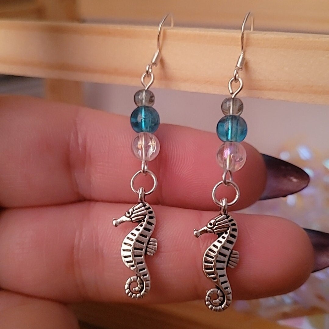 Seahorse Dangle Earrings, Sterling Silver Ear Wires, Ocean Charm