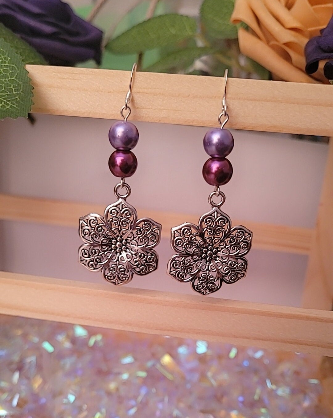 Vintage boho hollow flower beaded drop earrings. Sterling silver ear wires