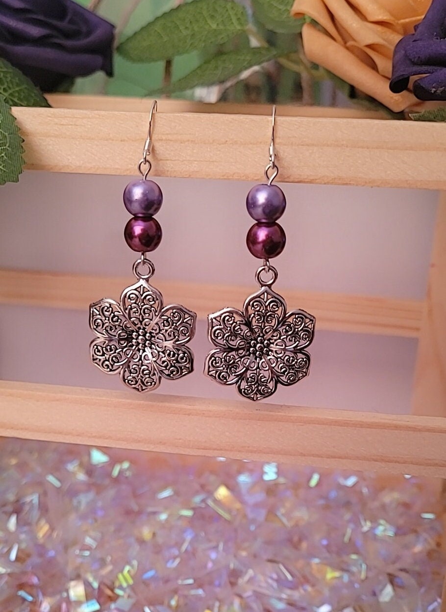 Vintage boho hollow flower beaded drop earrings. Sterling silver ear wires