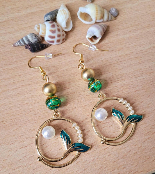 Ocean Mermaid Tail Earrings: Gold Plated S925 Dangle Charm