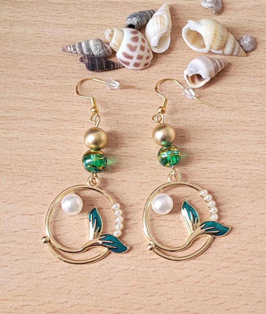 Ocean Mermaid Tail Earrings: Gold Plated S925 Dangle Charm
