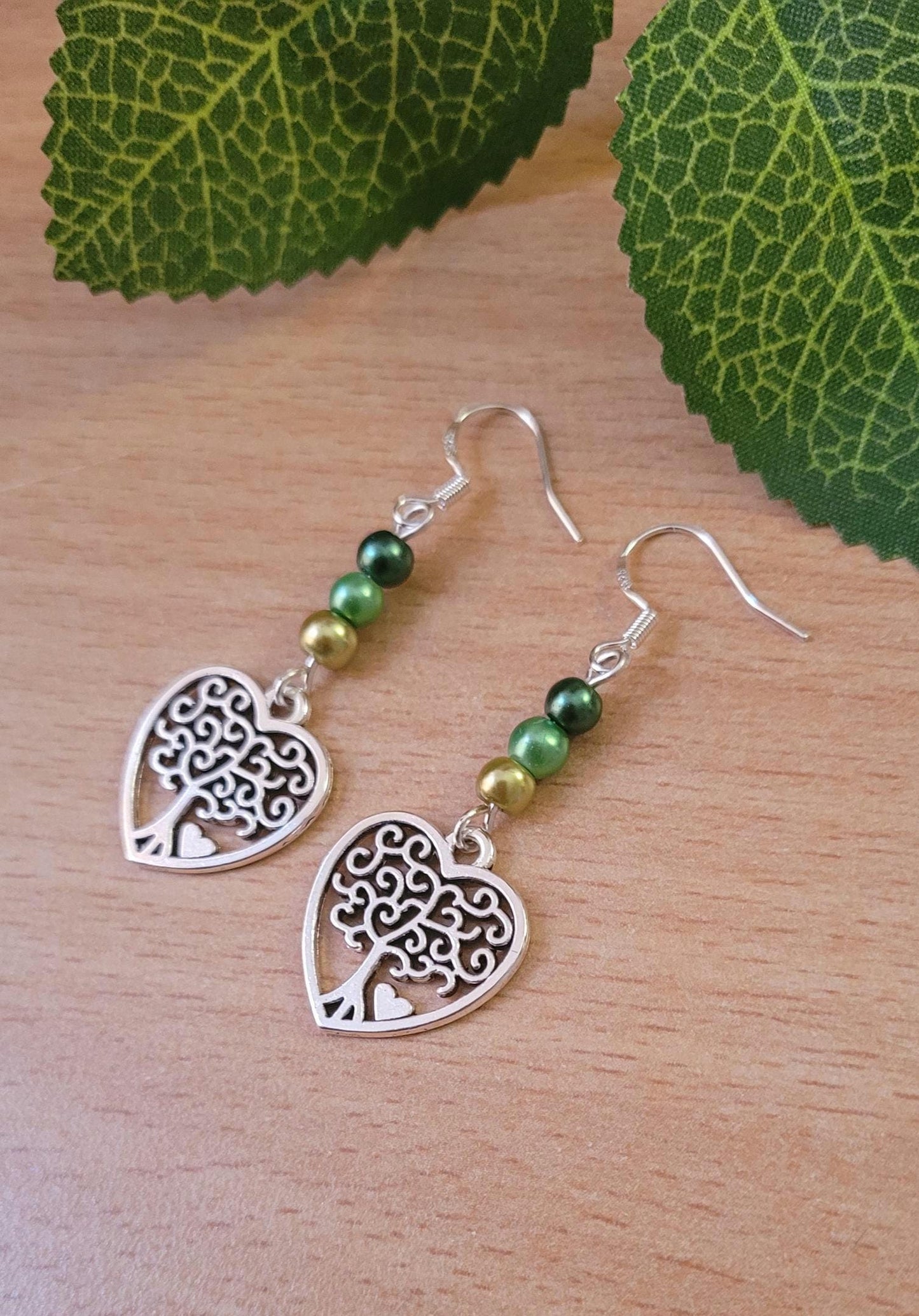 Tree of Life heart charm beaded drop earrings. Nature, forest, pagan, S925 ear wires