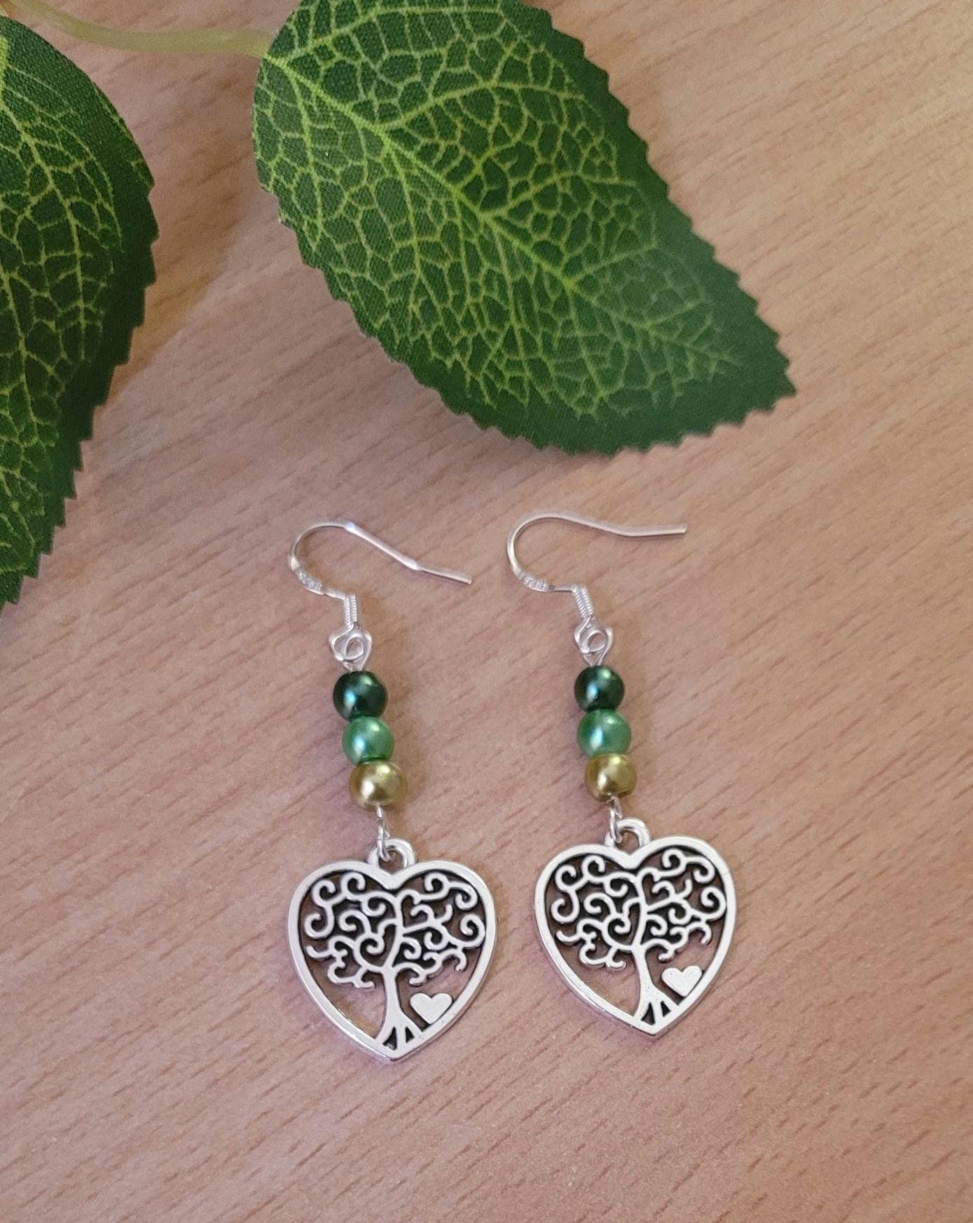 Tree of Life heart charm beaded drop earrings. Nature, forest, pagan, S925 ear wires