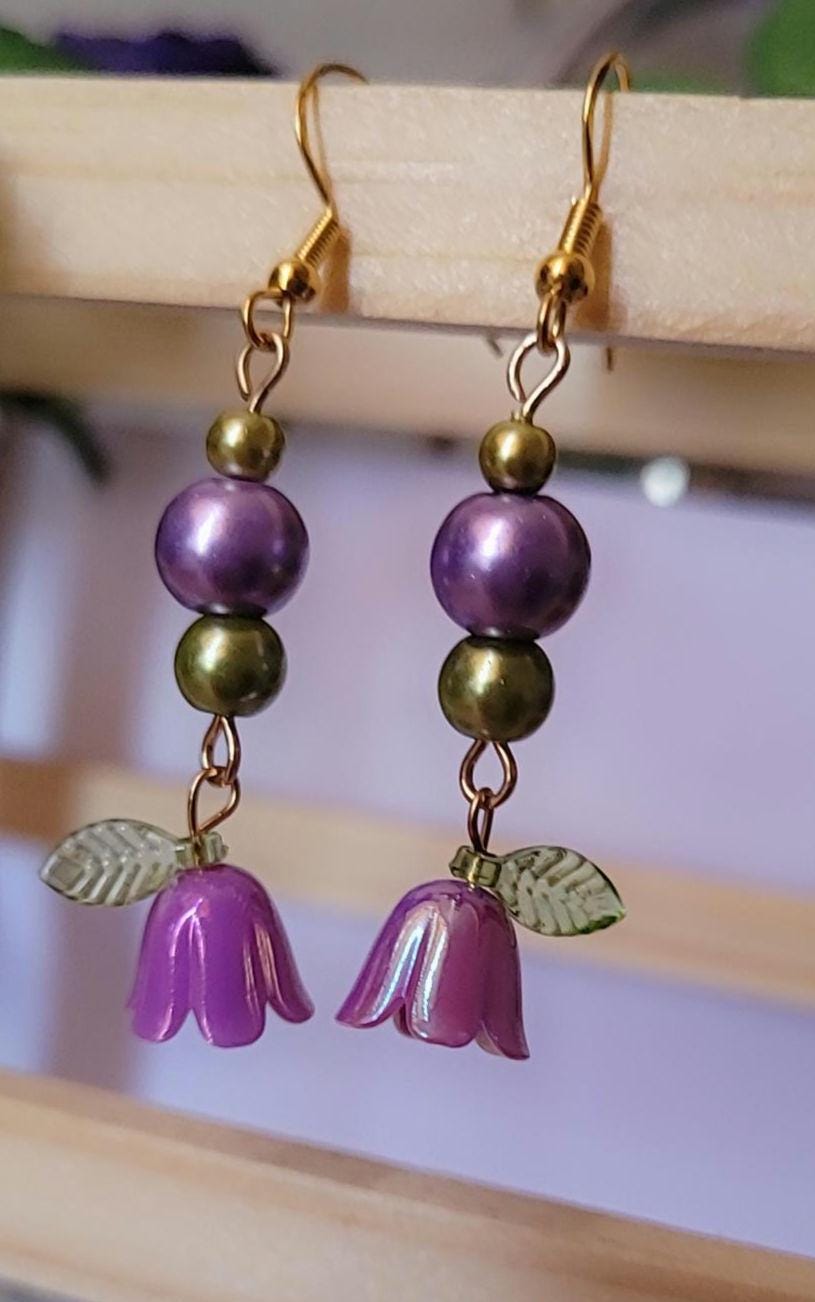 Enchanted Forest Flower Earrings: Beaded Dangle, S925 Gold Plated Ear Wires