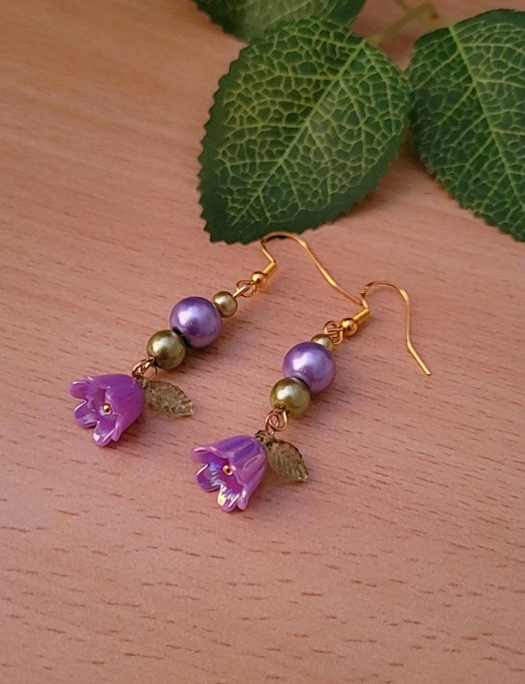 Enchanted Forest Flower Earrings: Beaded Dangle, S925 Gold Plated Ear Wires