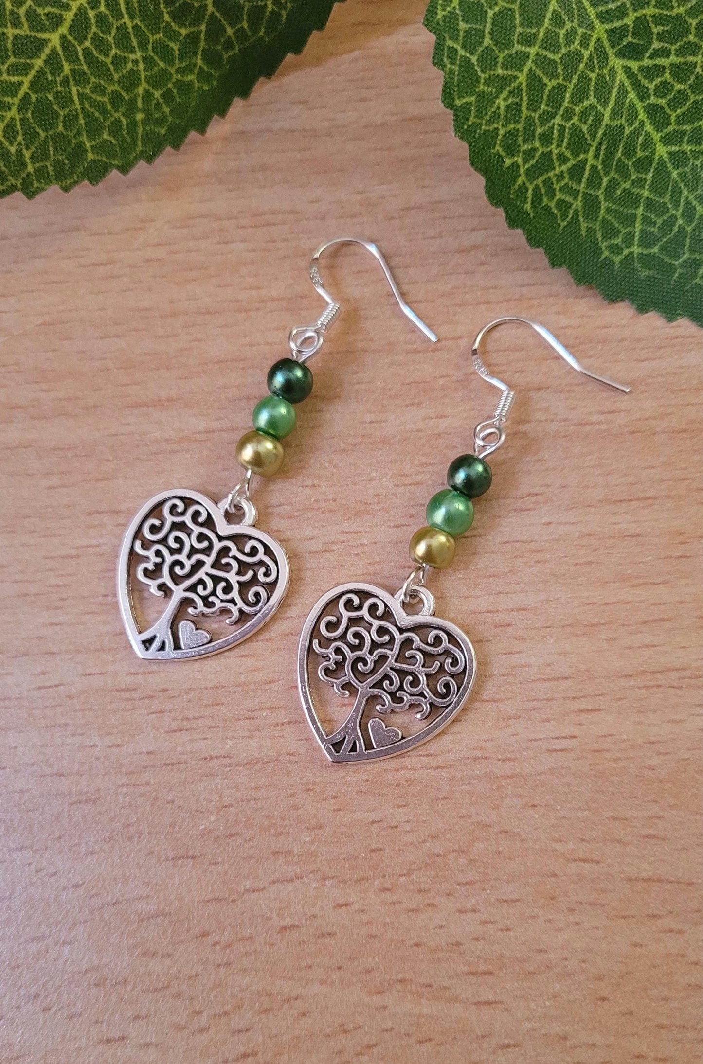 Tree of Life heart charm beaded drop earrings. Nature, forest, pagan, S925 ear wires