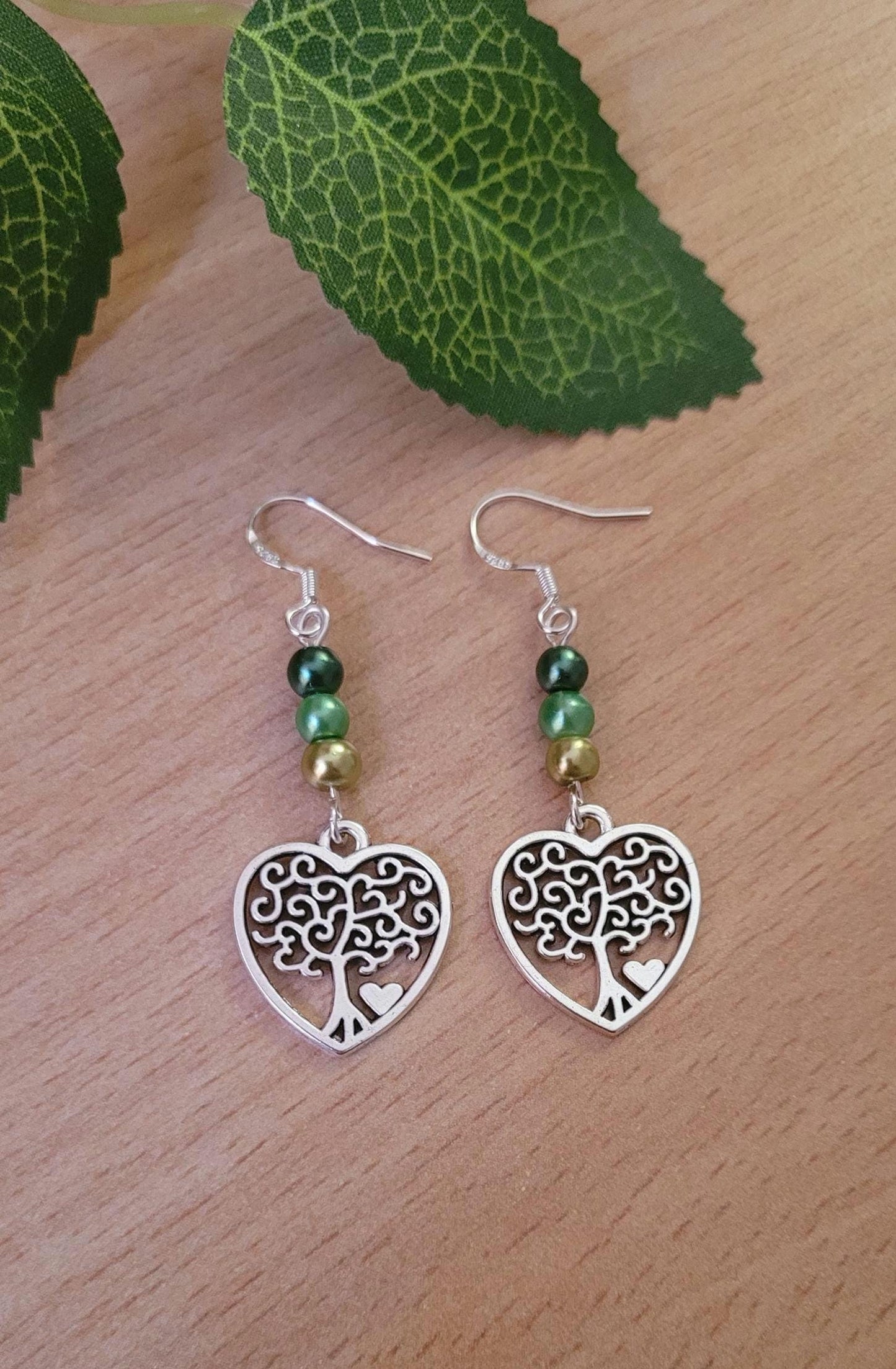 Tree of Life heart charm beaded drop earrings. Nature, forest, pagan, S925 ear wires