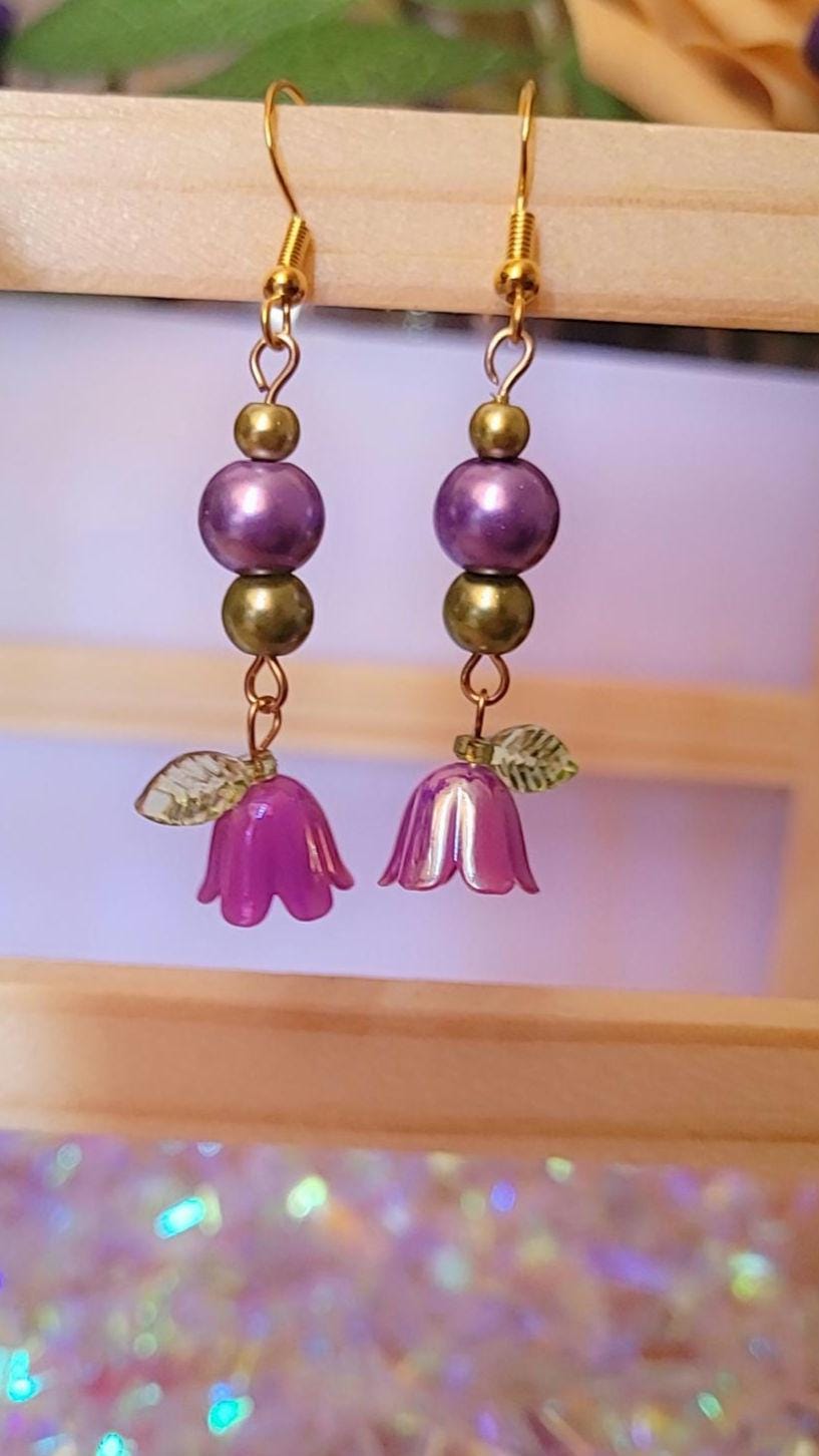 Enchanted Forest Flower Earrings: Beaded Dangle, S925 Gold Plated Ear Wires