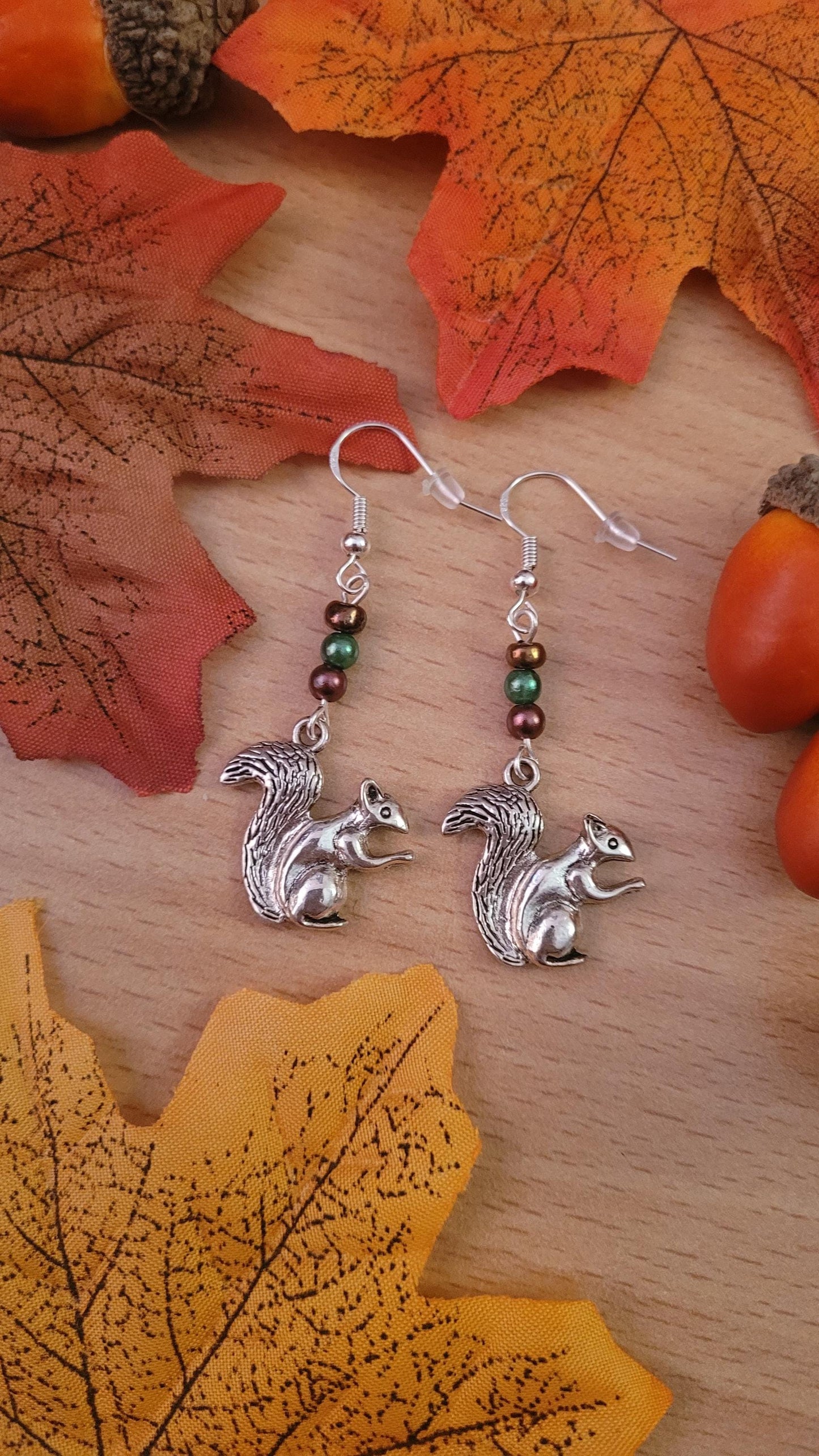 Squirrel Dangle Earrings: Beaded Sterling Silver Wires, Autumn Nature