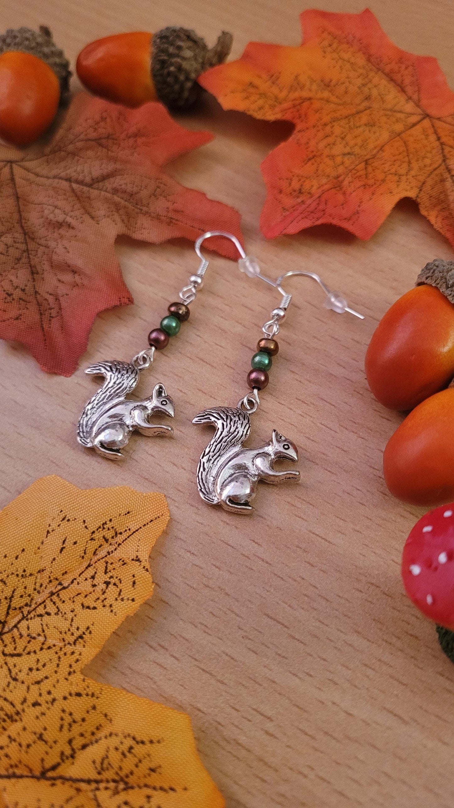 Squirrel Dangle Earrings: Beaded Sterling Silver Wires, Autumn Nature