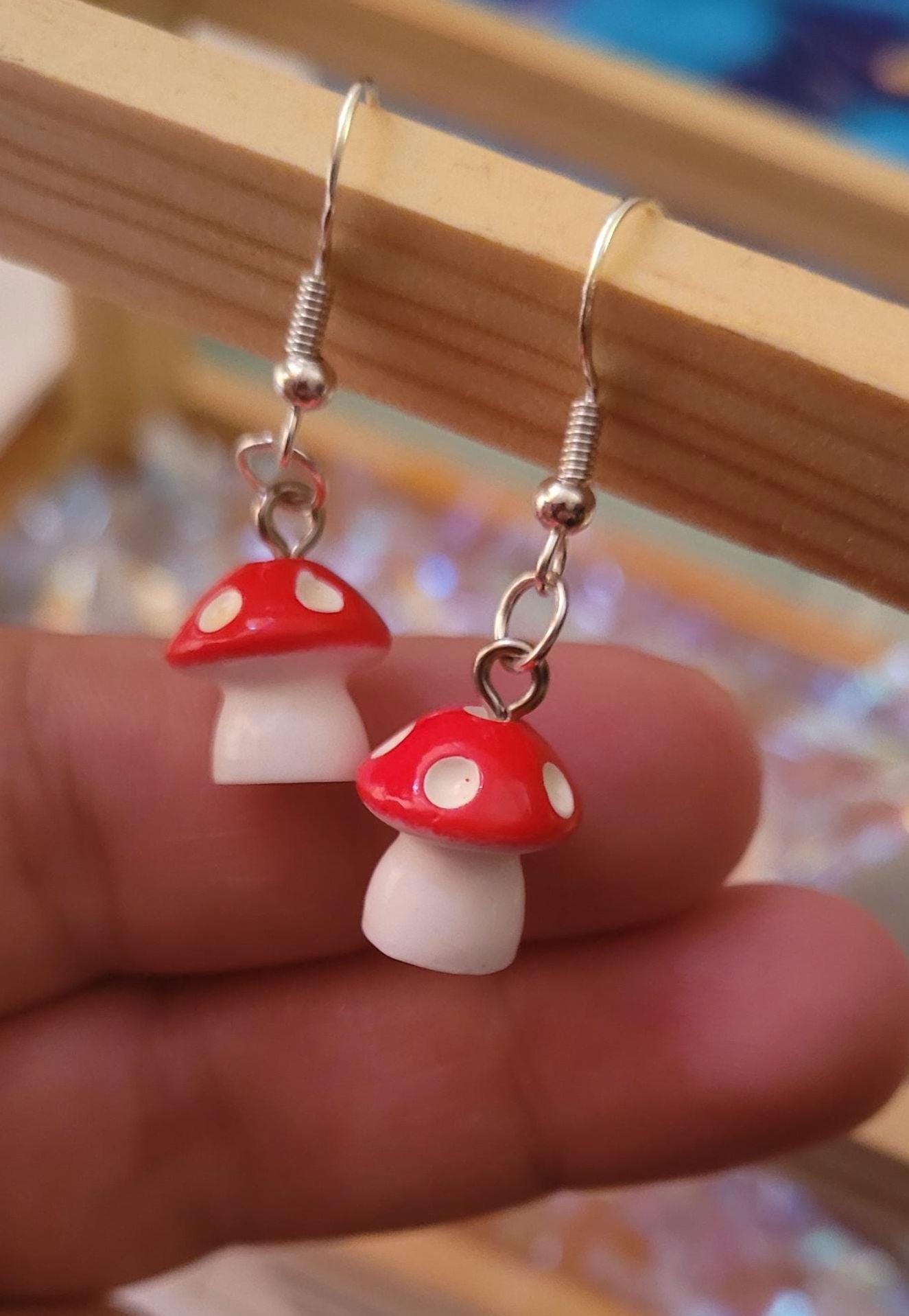 Mini Toadstool Earrings: 3D Mushroom, Sterling Silver Wires
