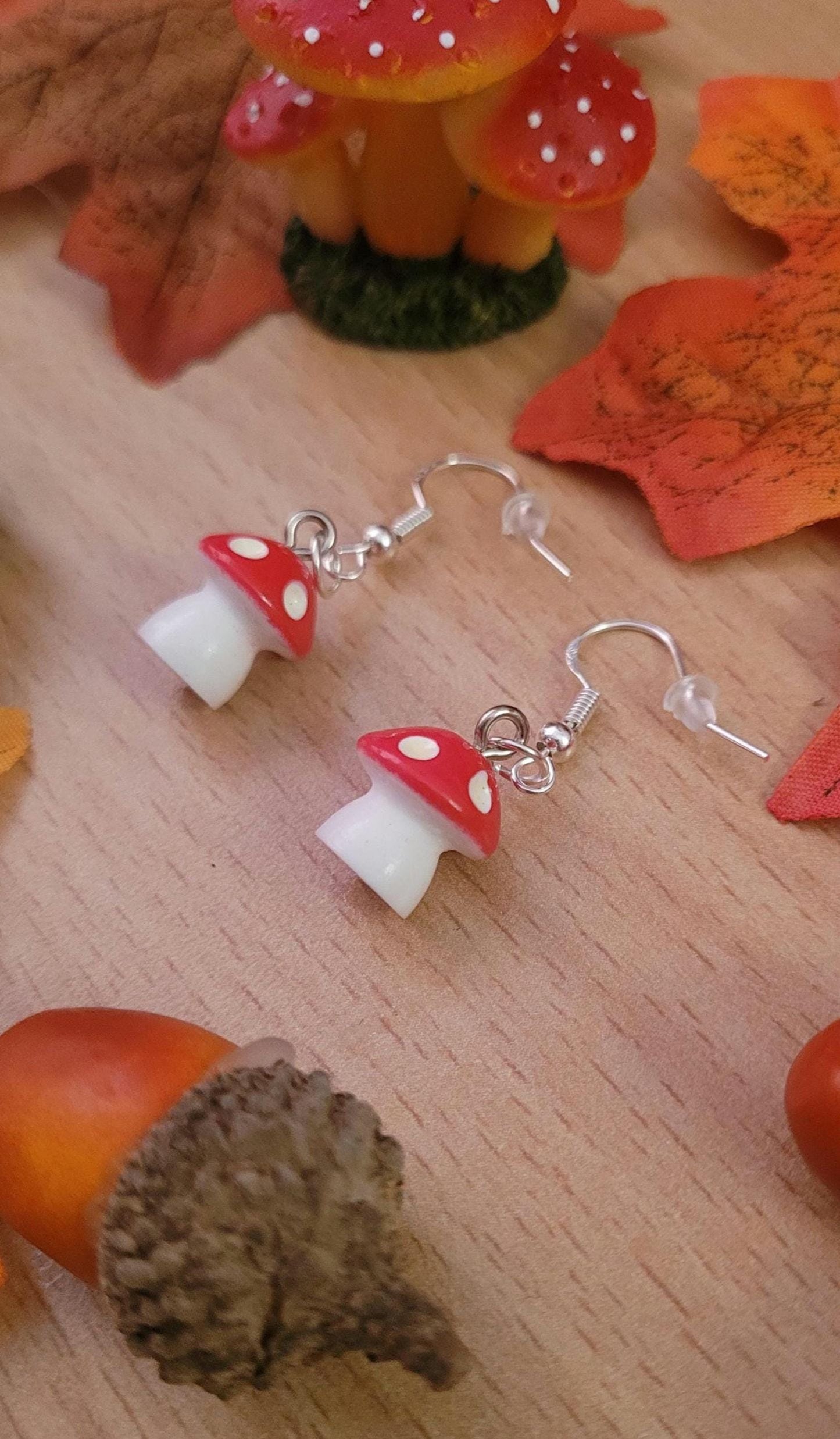Mini Toadstool Earrings: 3D Mushroom, Sterling Silver Wires