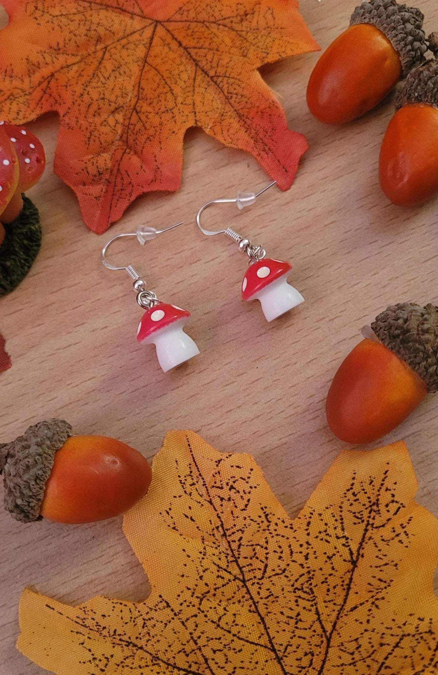 Mini Toadstool Earrings: 3D Mushroom, Sterling Silver Wires