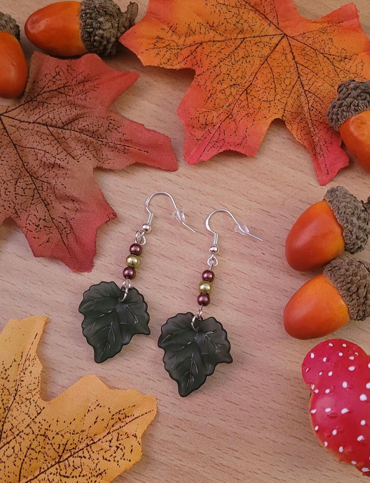 Green leaf beaded drop earrings with Sterling silver ear wires. Autumn, Fall, nature inspired