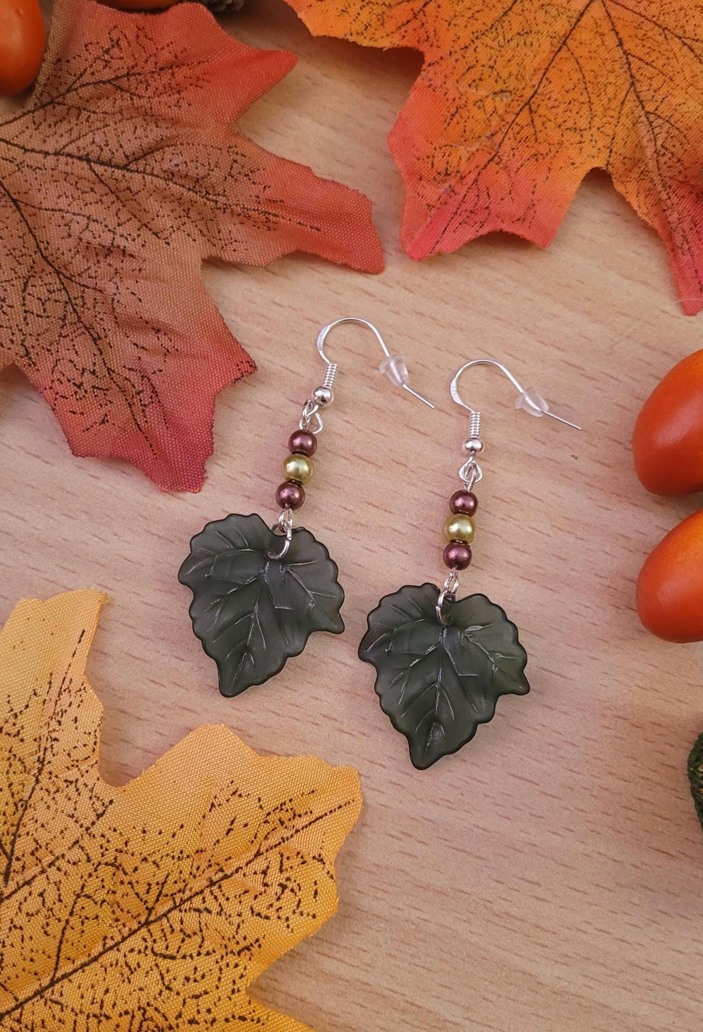 Green leaf beaded drop earrings with Sterling silver ear wires. Autumn, Fall, nature inspired