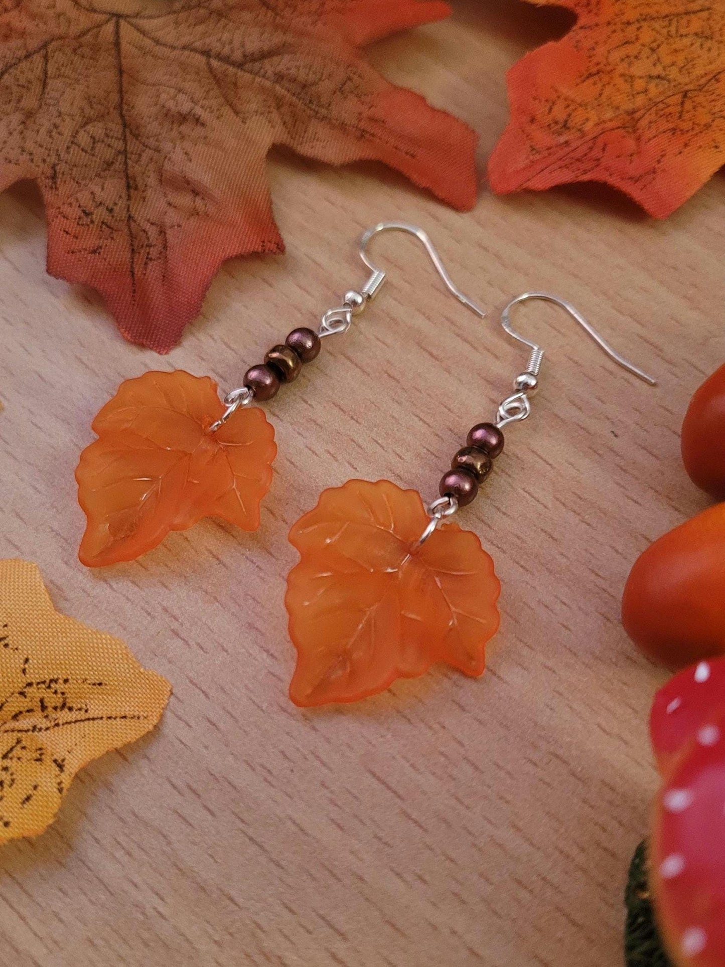 Orange Leaf beaded drop earrings with Sterling silver ear wires. Autumn, Fall, nature inspired