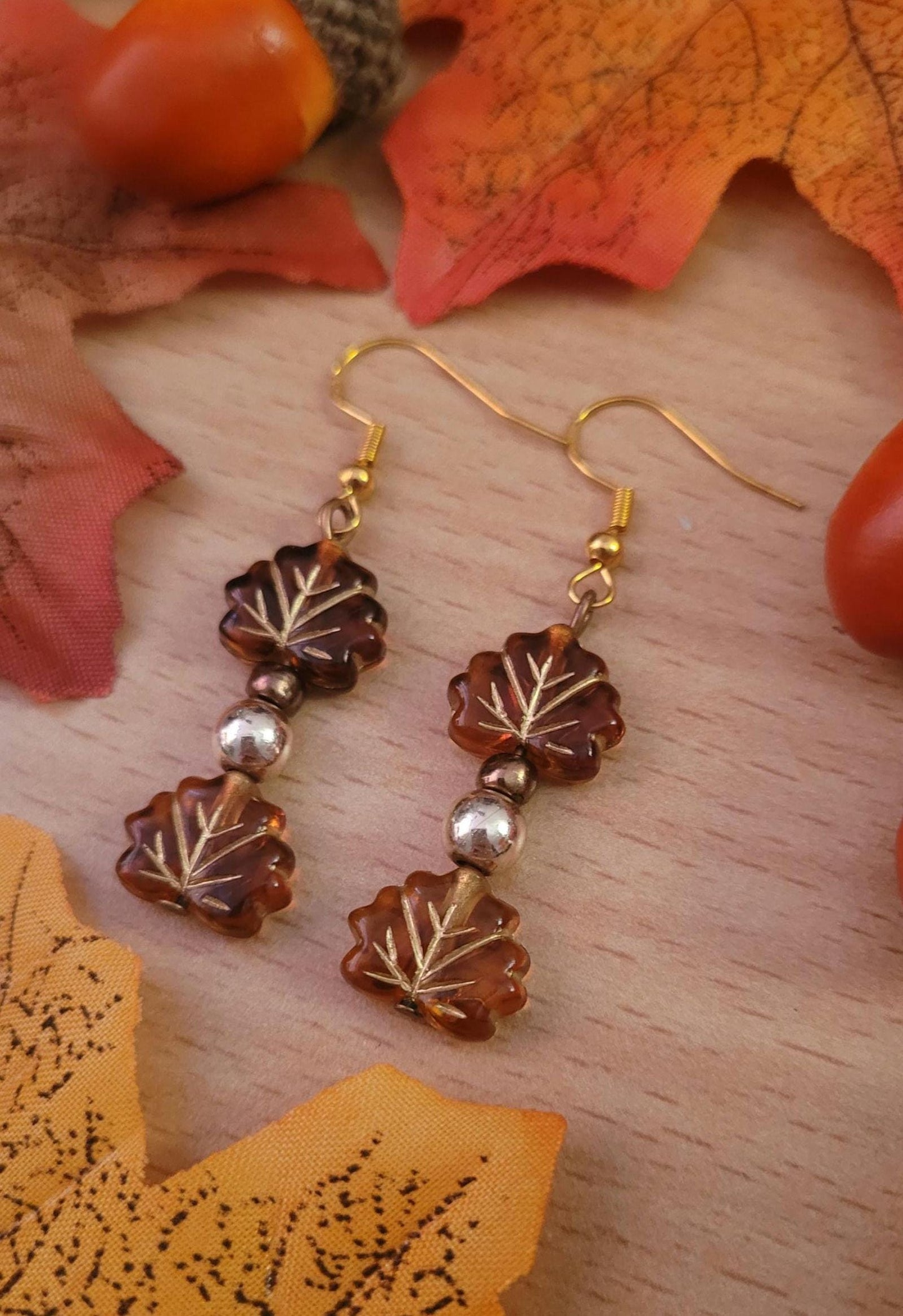 Maple Leaf Beaded Drop Earrings: Gold Plated S925 Wires