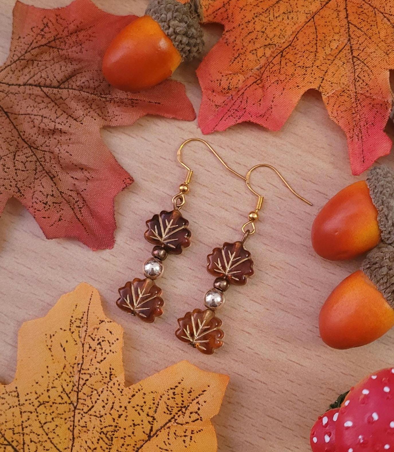 Maple Leaf Beaded Drop Earrings: Gold Plated S925 Wires