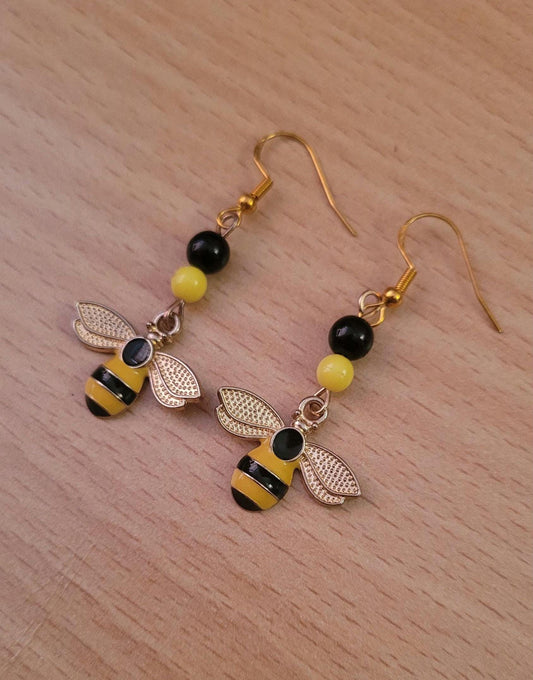 Bumble Bee Dangle Earrings: Gold Plated Sterling Silver Wires