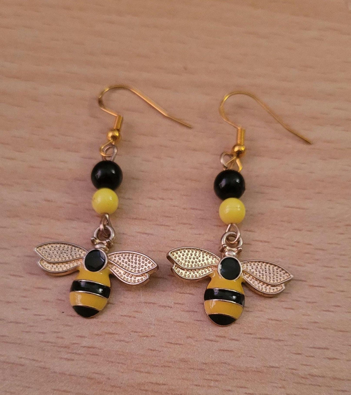 Bumble Bee Dangle Earrings: Gold Plated Sterling Silver Wires