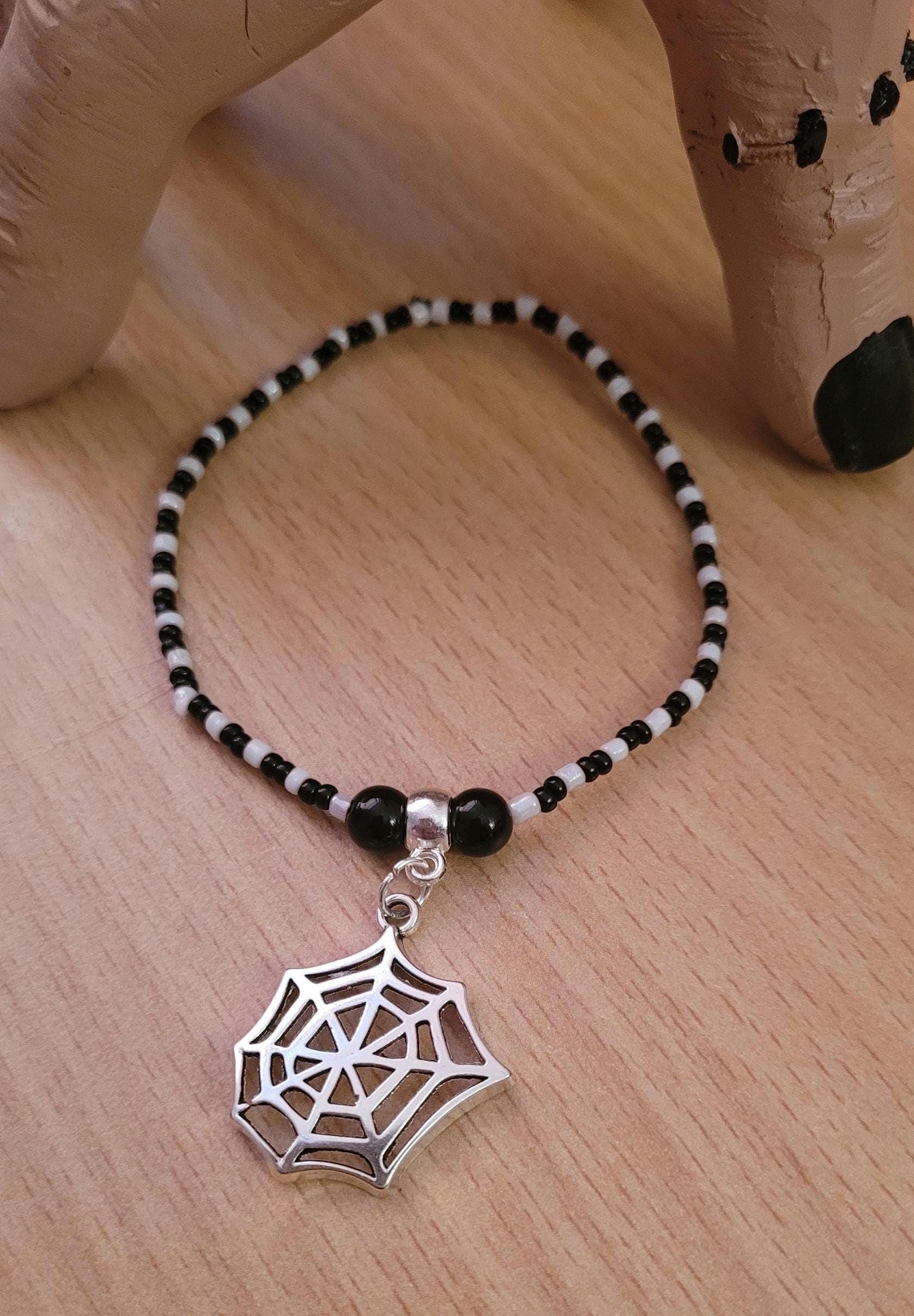Halloween Spider Web Charm Bracelet, Black White Seed Bead