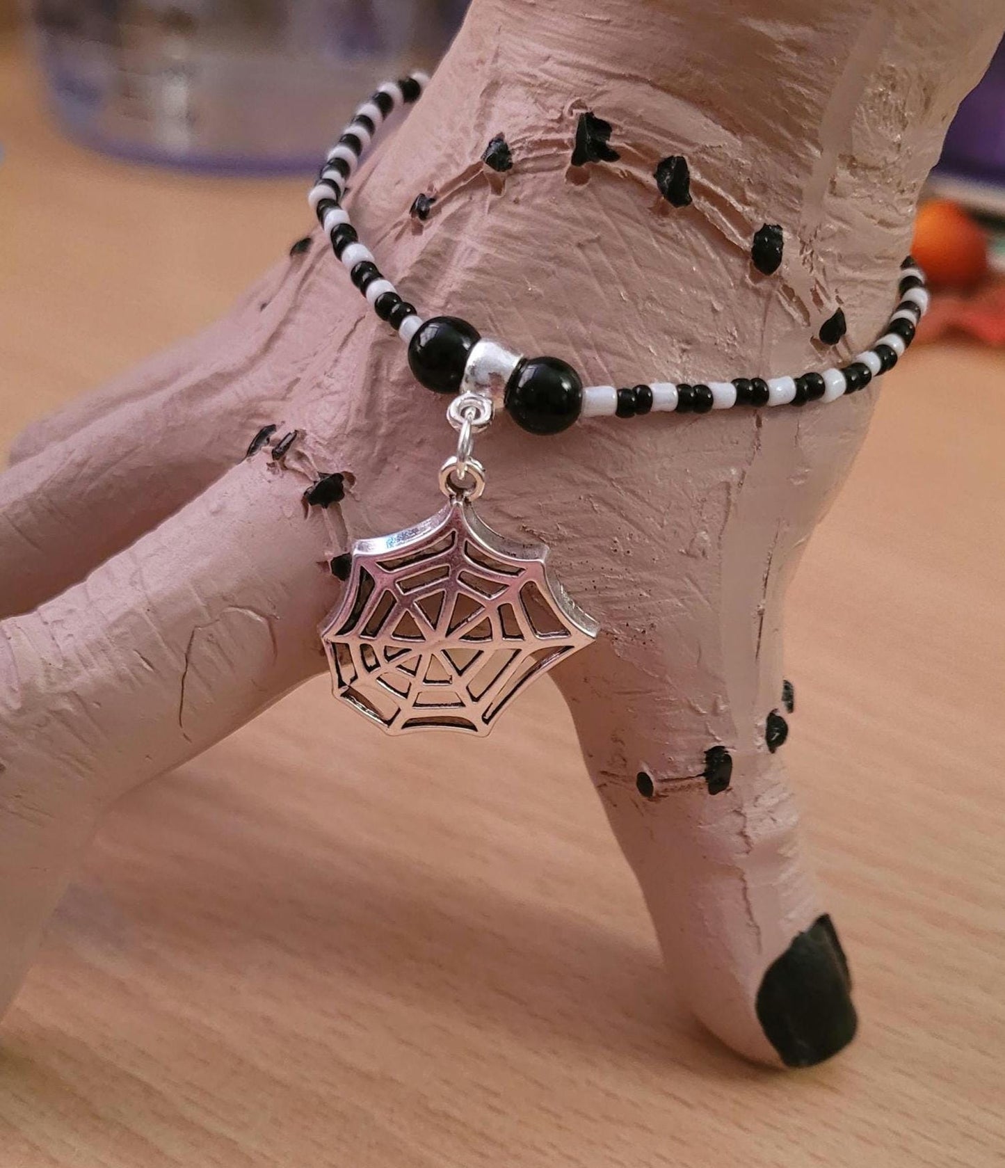 Halloween Spider Web Charm Bracelet, Black White Seed Bead