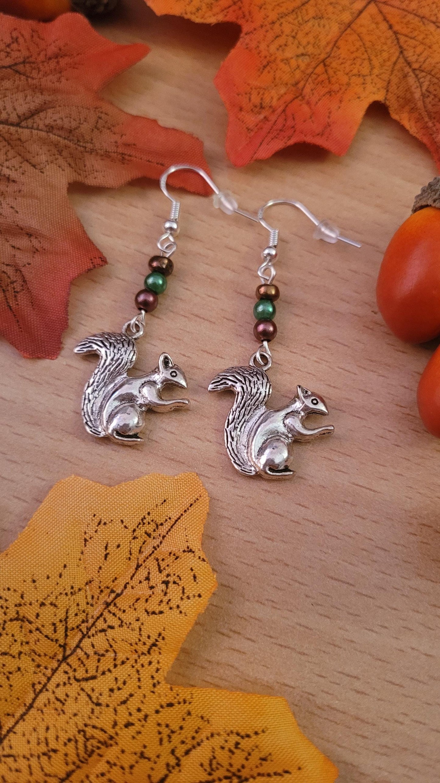 Squirrel Dangle Earrings: Beaded Sterling Silver Wires, Autumn Nature