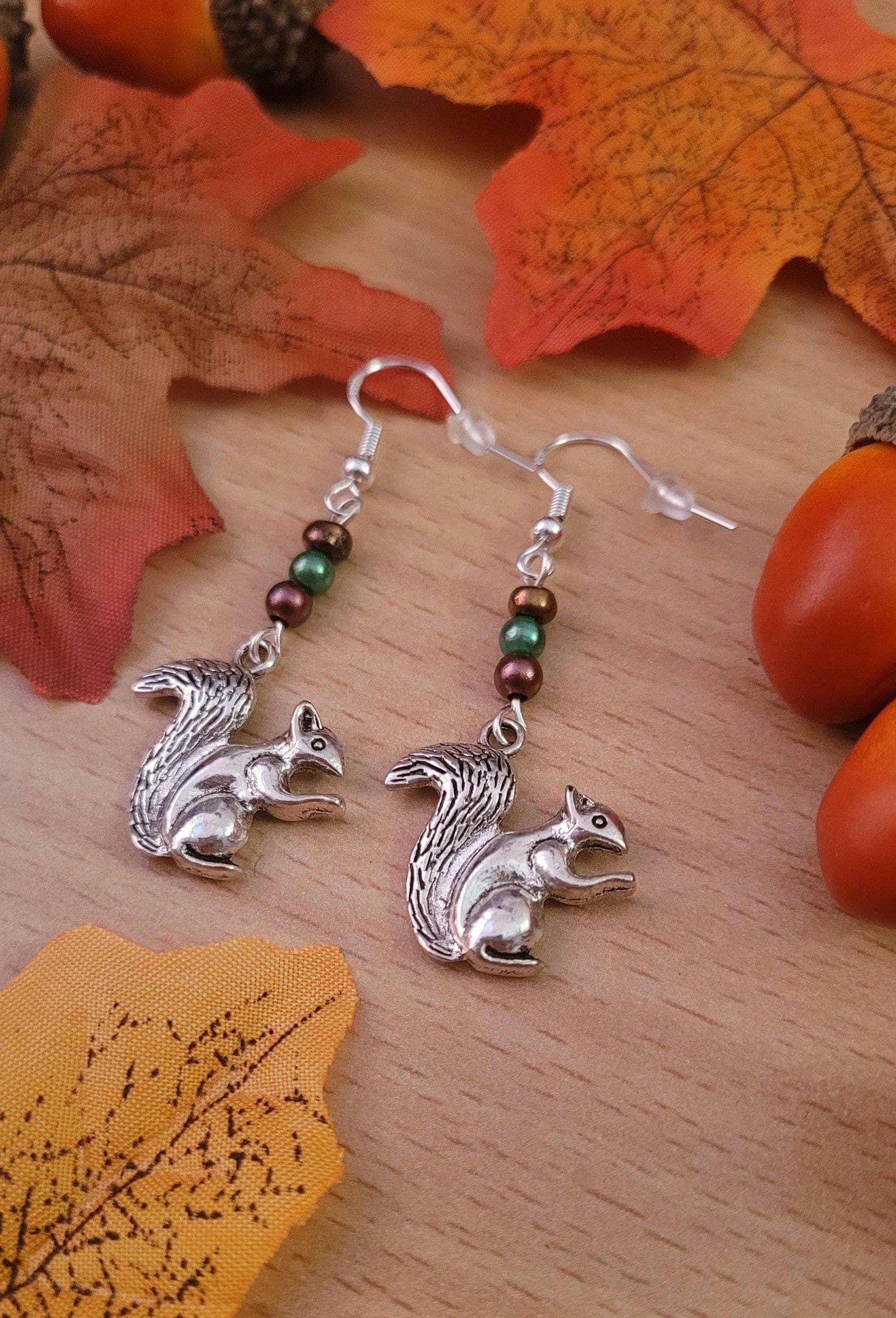 Squirrel Dangle Earrings: Beaded Sterling Silver Wires, Autumn Nature