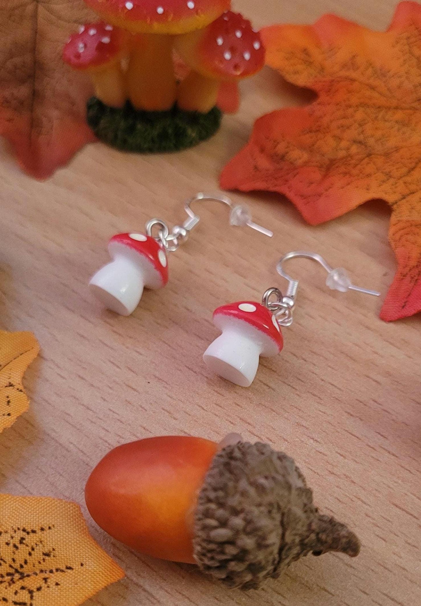 Mini Toadstool Earrings: 3D Mushroom, Sterling Silver Wires