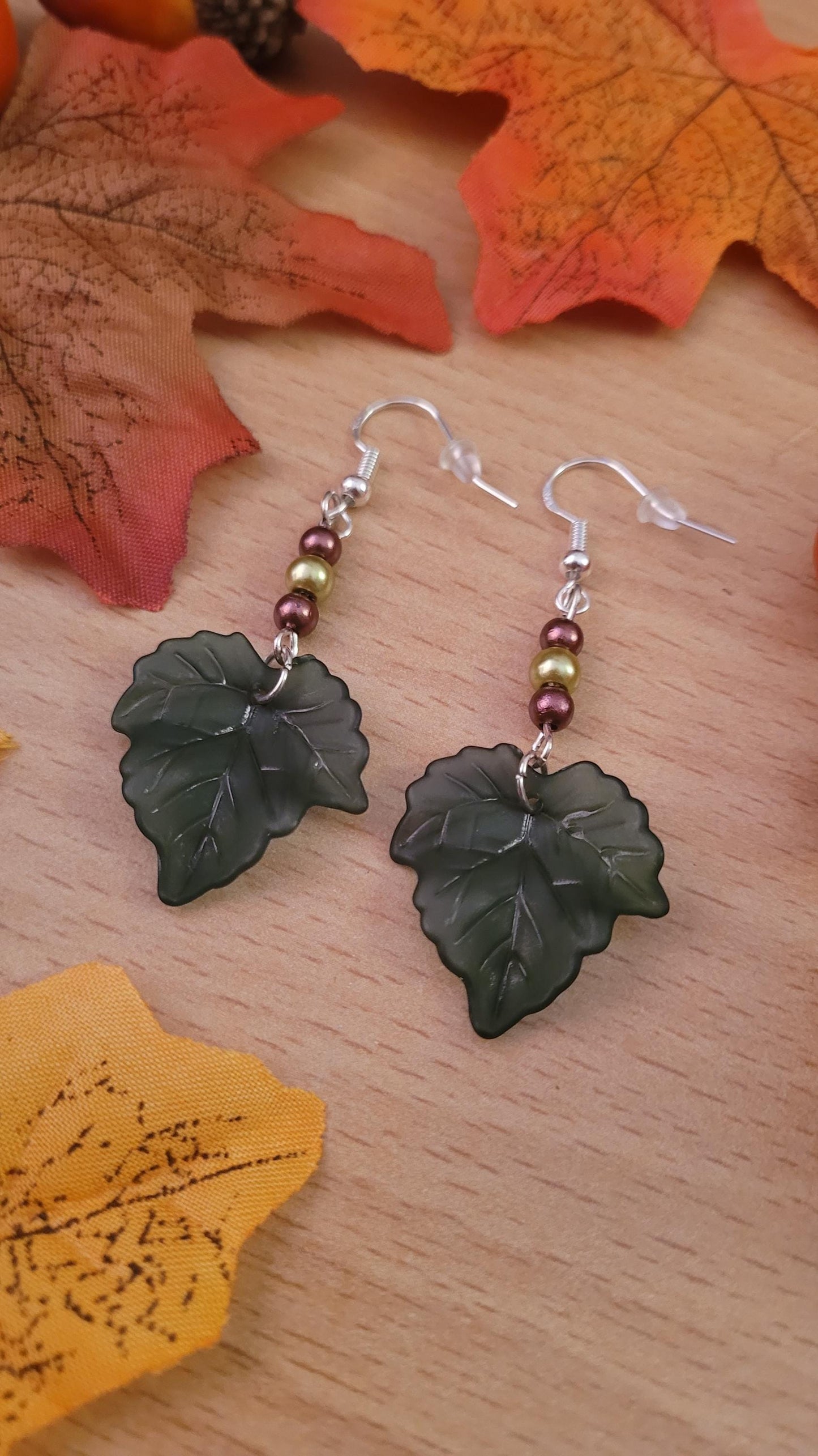Green leaf beaded drop earrings with Sterling silver ear wires. Autumn, Fall, nature inspired