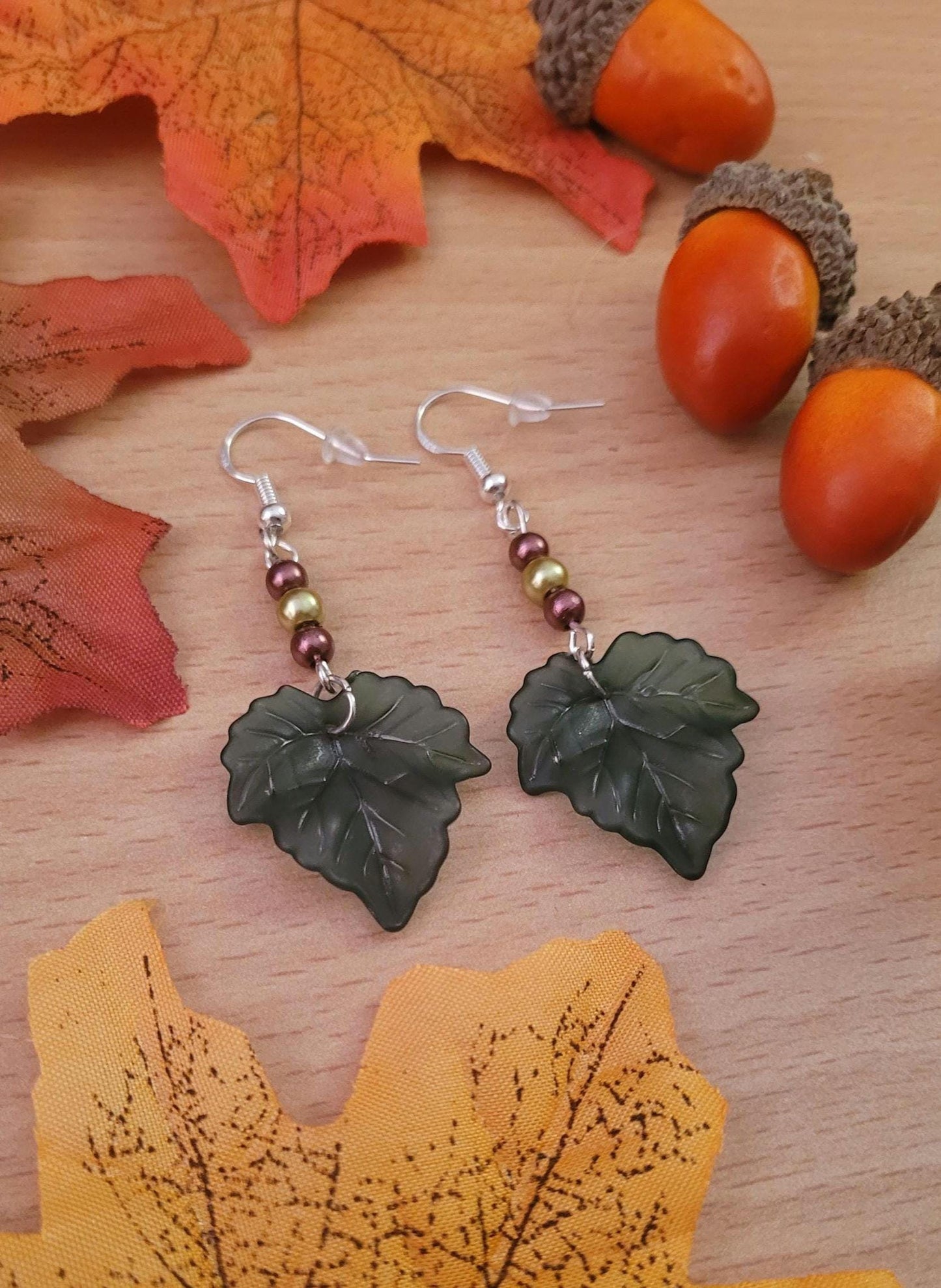 Green leaf beaded drop earrings with Sterling silver ear wires. Autumn, Fall, nature inspired