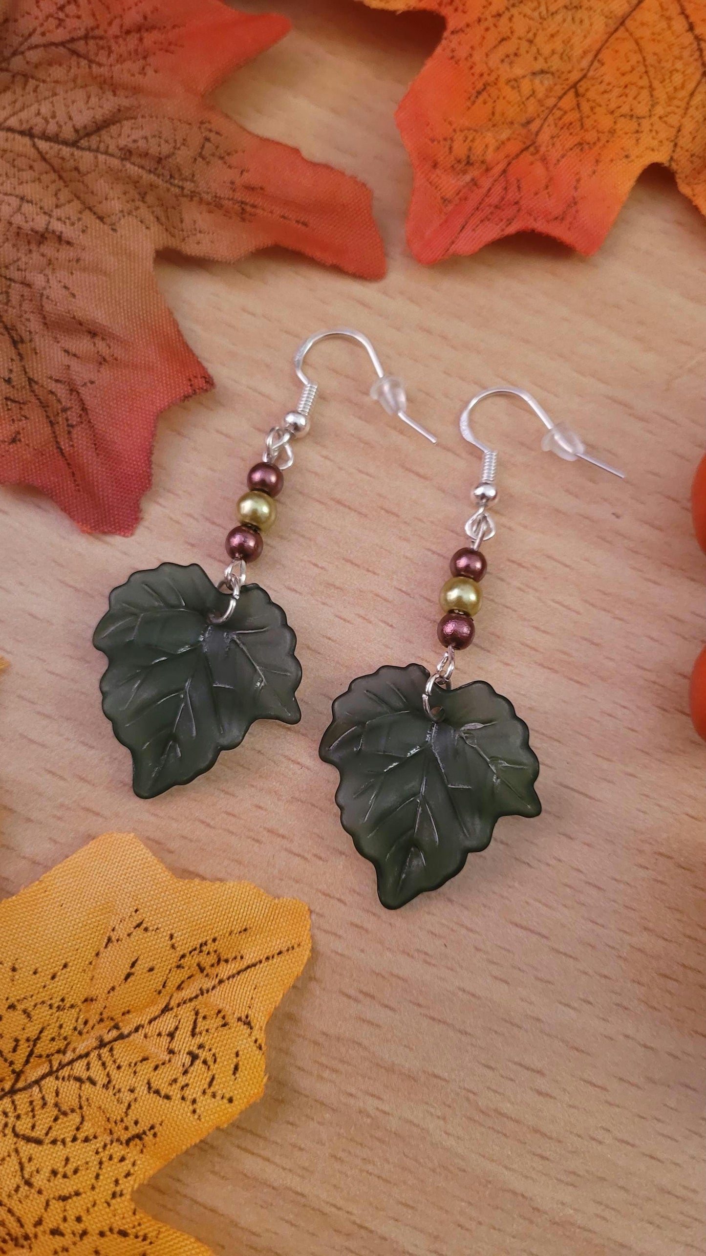 Green leaf beaded drop earrings with Sterling silver ear wires. Autumn, Fall, nature inspired
