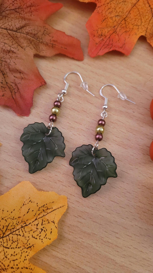 Green leaf beaded drop earrings with Sterling silver ear wires. Autumn, Fall, nature inspired