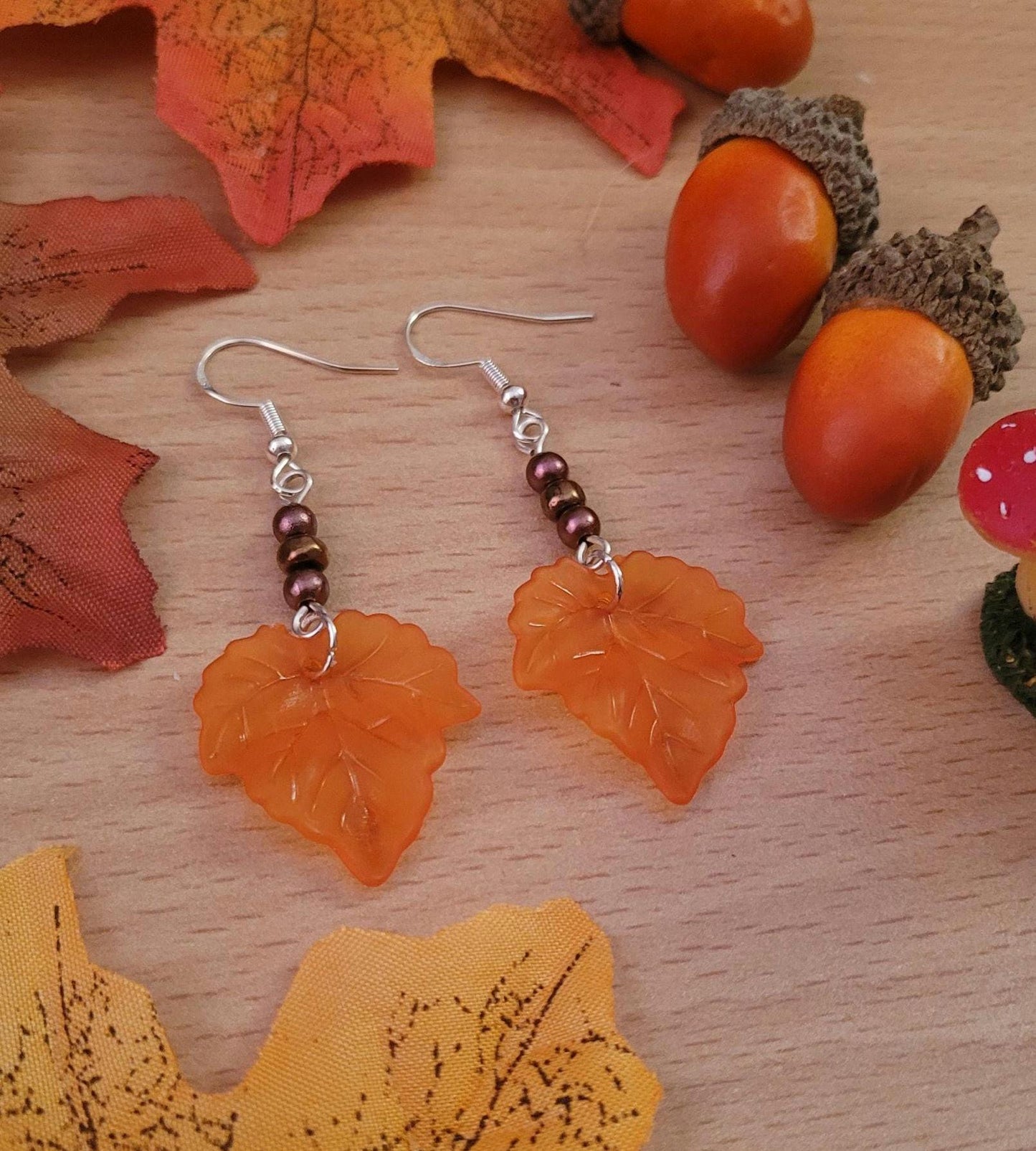 Orange Leaf beaded drop earrings with Sterling silver ear wires. Autumn, Fall, nature inspired