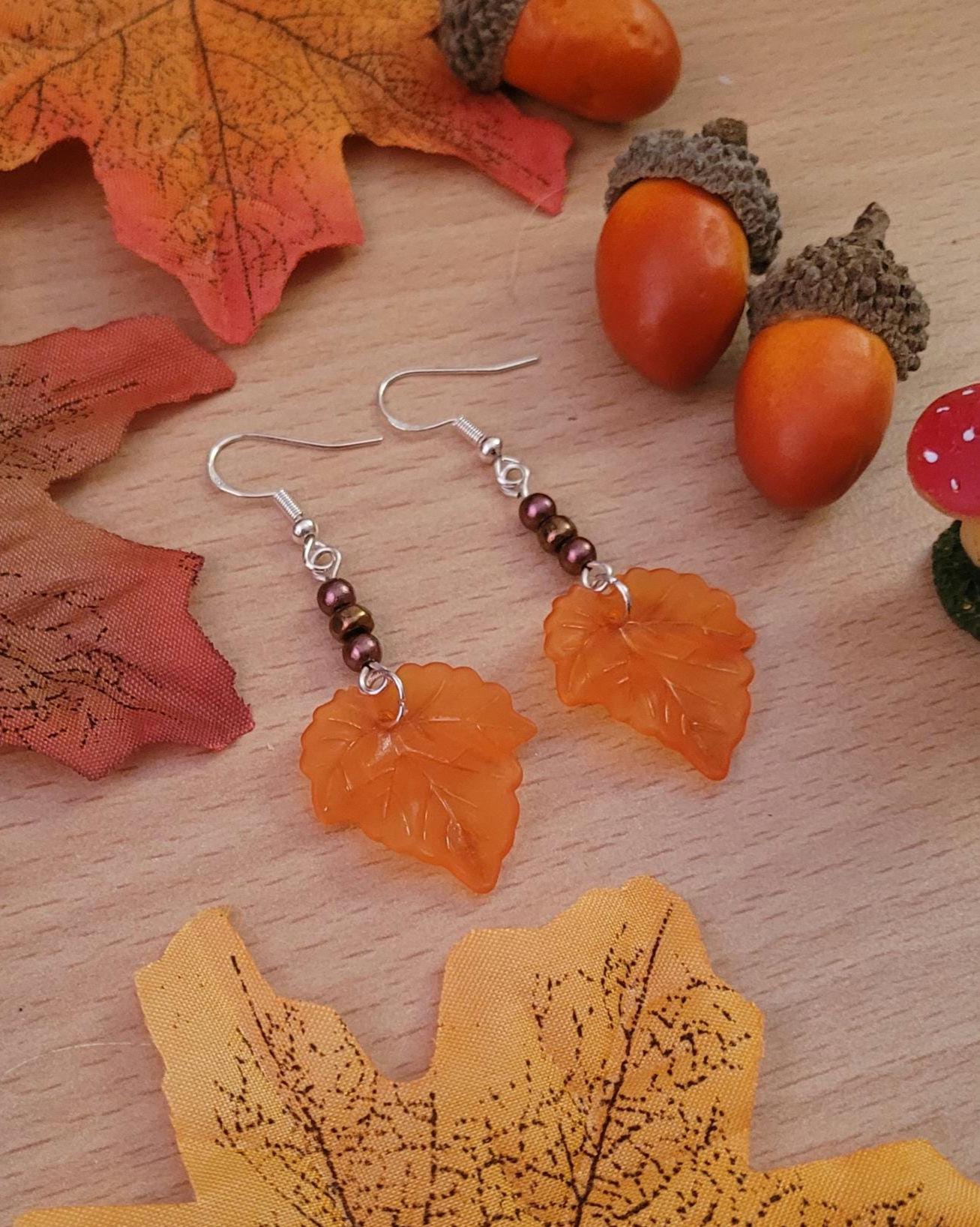 Orange Leaf beaded drop earrings with Sterling silver ear wires. Autumn, Fall, nature inspired