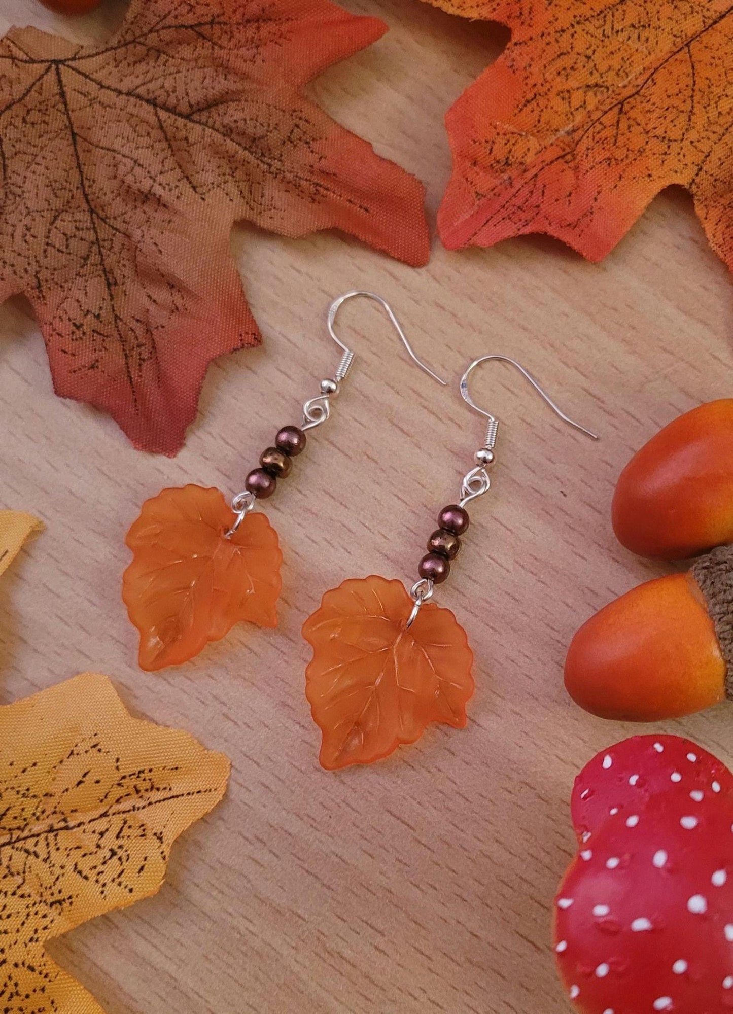 Orange Leaf beaded drop earrings with Sterling silver ear wires. Autumn, Fall, nature inspired