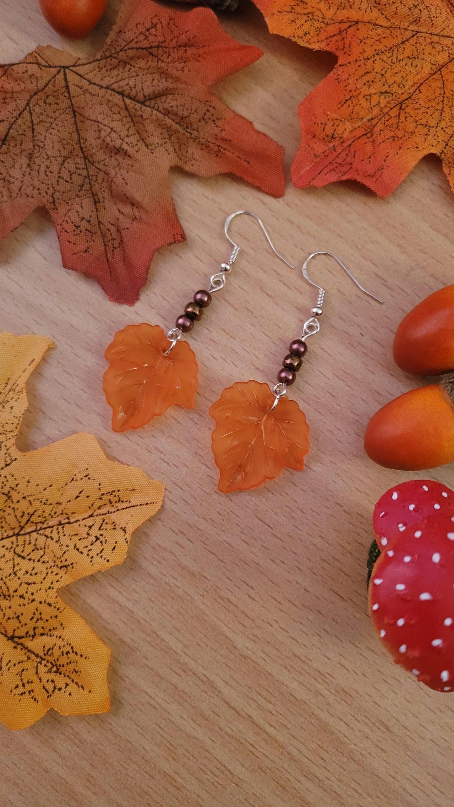 Orange Leaf beaded drop earrings with Sterling silver ear wires. Autumn, Fall, nature inspired